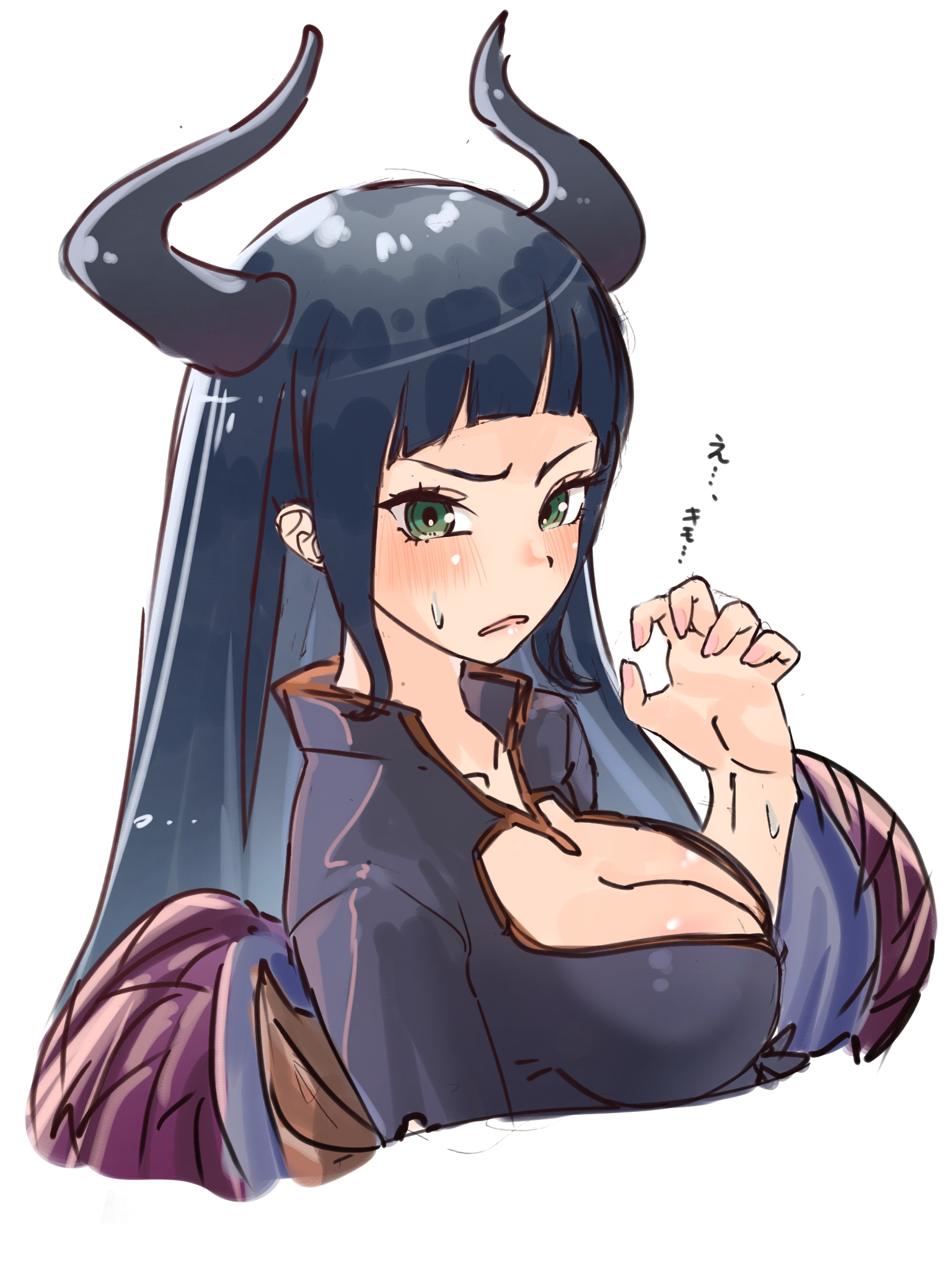 niwaikanai, magus (granblue fantasy), granblue fantasy, commentary request, highres, translation request, black hair, black shirt, blush, breasts, cleavage, demon girl, demon horns, demon wings, green eyes, horns, long sleeves, shirt, solo, wings