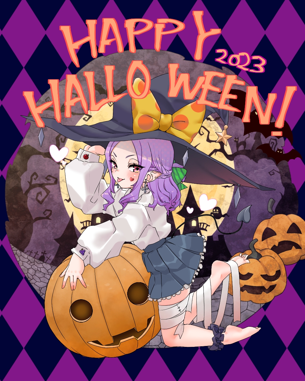 niwaikanai, wu zetian (fate), fate/grand order, fate (series), commentary request, highres, 1girl, 2023, barefoot, bat (animal), black hat, blush, bow, breasts, forehead, full moon, grey skirt, hair ribbon, happy halloween, hat, jack-o'-lantern, long sleeves, looking at viewer, medium hair, moon, parted bangs, pointy ears, pumpkin, purple eyes, purple hair, ribbon, shirt, sidelocks, skirt, small breasts, smile, solo, tongue, tongue out, white shirt, witch hat