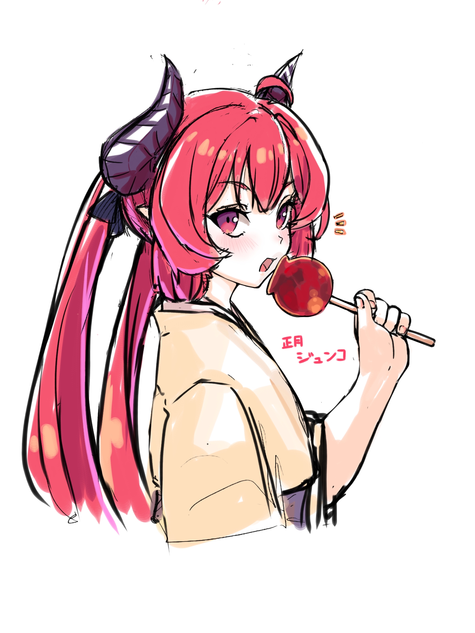 niwaikanai, junko (blue archive), junko (new year) (blue archive), commentary request, highres, translation request, blush, breasts, candy apple, demon horns, food, horns, japanese clothes, kimono, long sleeves, open mouth, red eyes, red hair, small breasts, solo, twintails, wide sleeves, yellow kimono