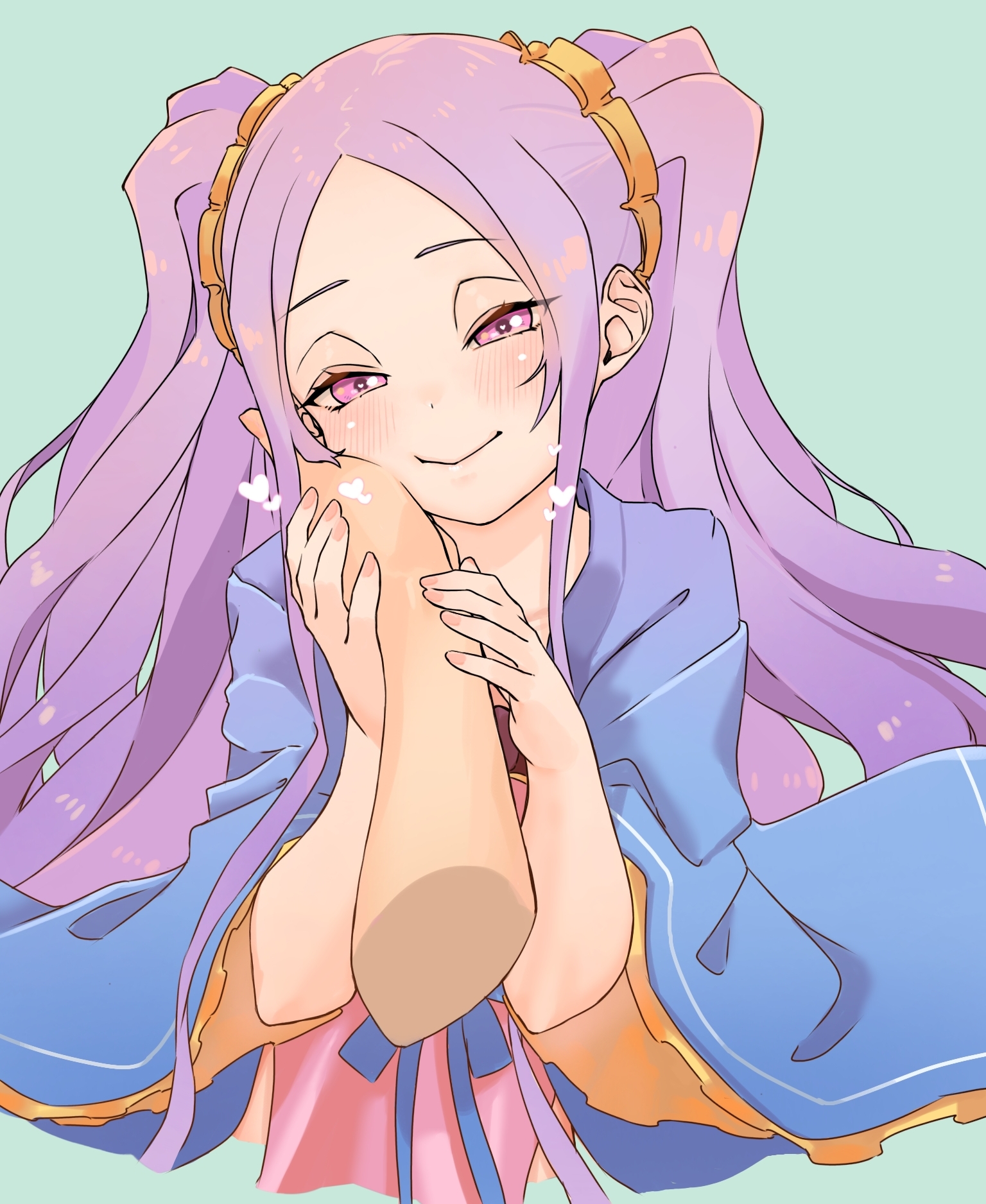 niwaikanai, wu zetian (fate), wu zetian (first ascension) (fate), fate/grand order, fate (series), commentary request, highres, 1girl, blush, breasts, chinese clothes, disembodied hand, dress, forehead, hair ornament, hair scrunchie, hanfu, long hair, long sleeves, looking at viewer, parted bangs, pelvic curtain, pink dress, purple eyes, purple hair, scrunchie, sidelocks, small breasts, smile, solo focus, twintails, very long hair, wide sleeves, yellow scrunchie