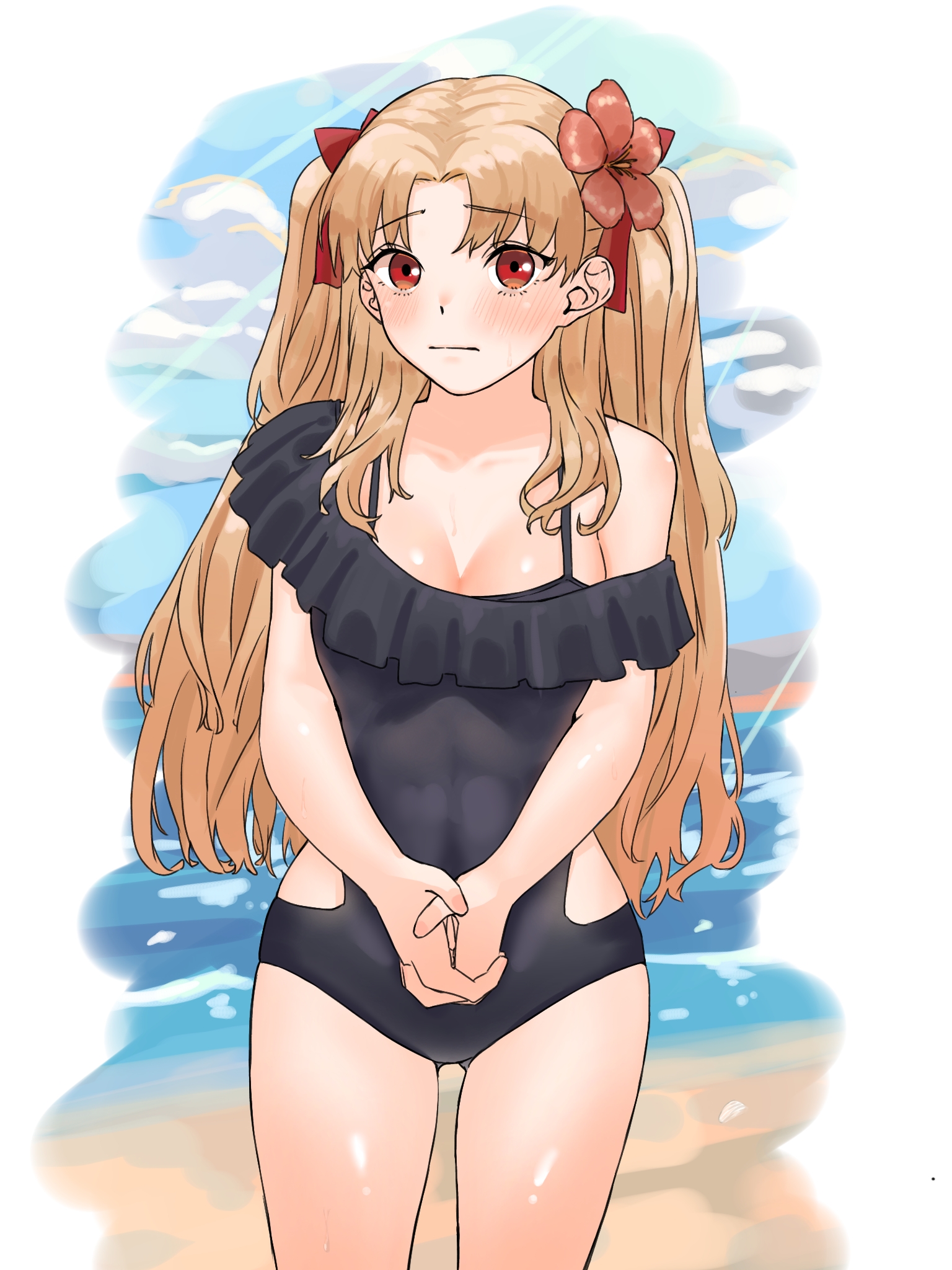 niwaikanai, ereshkigal (fate), fate/grand order, fate (series), commentary request, highres, textless version, 1girl, bare shoulders, beach, blonde hair, blue sky, blush, bow, breasts, cleavage, covered navel, flower, hair bow, hair flower, hair ornament, long hair, looking at viewer, medium breasts, one-piece swimsuit, parted bangs, red eyes, shore, sky, solo, swimsuit, thighs, two side up