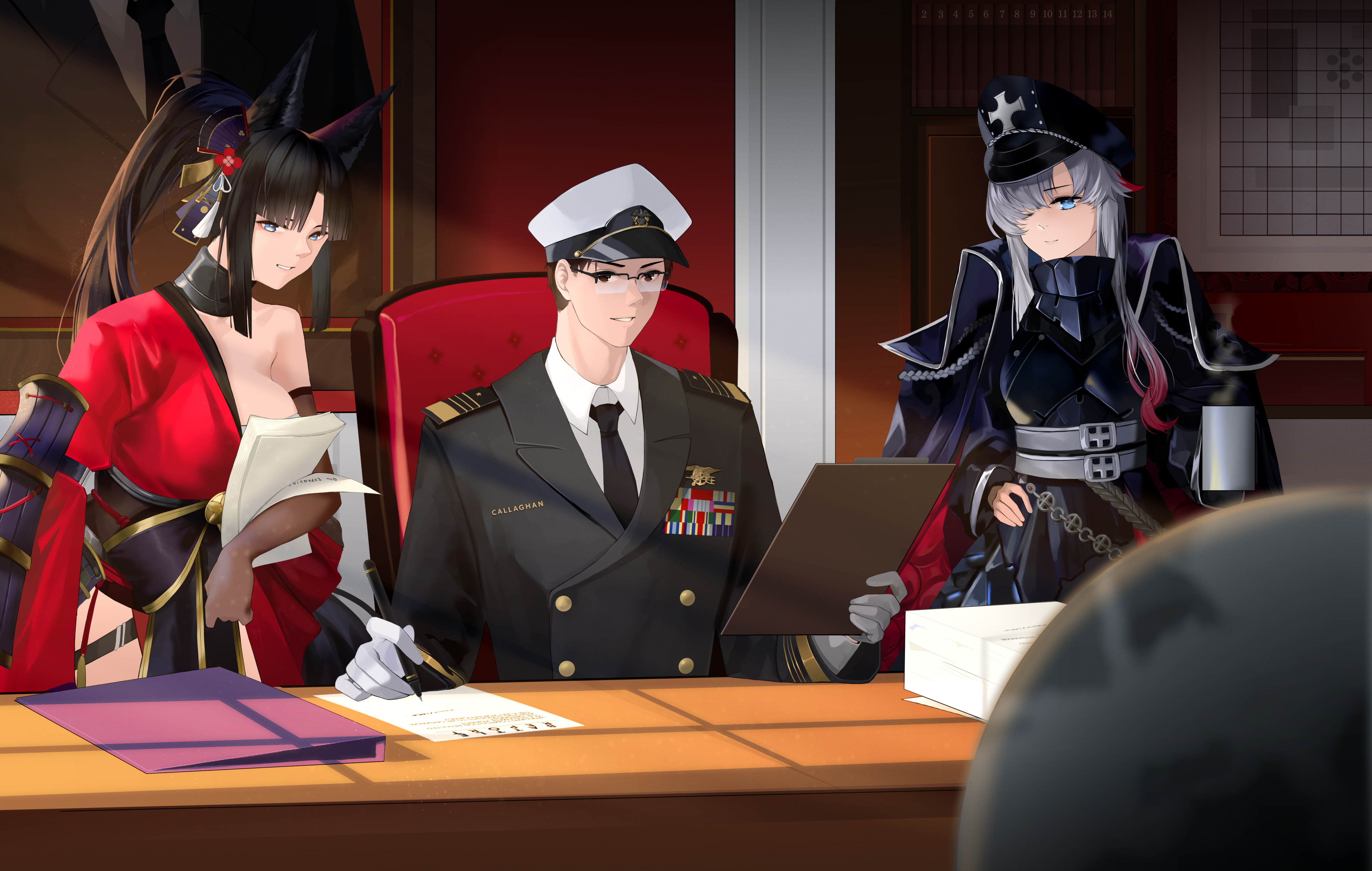 scarfpen01, commander (azur lane), kii (azur lane), odin (azur lane), azur lane, absurdres, commentary, english commentary, highres, 1boy, 2girls, animal ear fluff, animal ears, armor, balkenkreuz, black coat, black hat, black jacket, black necktie, breastplate, breasts, buttons, chair, cleavage, coat, coat on shoulders, cross, double-breasted, flower, fox ears, fox girl, gloves, hadanugi dousa, hair flower, hair ornament, hair over one eye, hat, high ponytail, holding, holding pen, indoors, iron cross, jacket, japanese clothes, kimono, large breasts, long hair, looking at viewer, military hat, military uniform, multiple girls, necktie, on chair, open kimono, padded coat, paper, peaked cap, pen, ponytail, rectangular eyewear, red flower, red kimono, red streaks, sarashi, shirt, short hair, sitting, very long hair, white gloves, white hair, white hat, white shirt