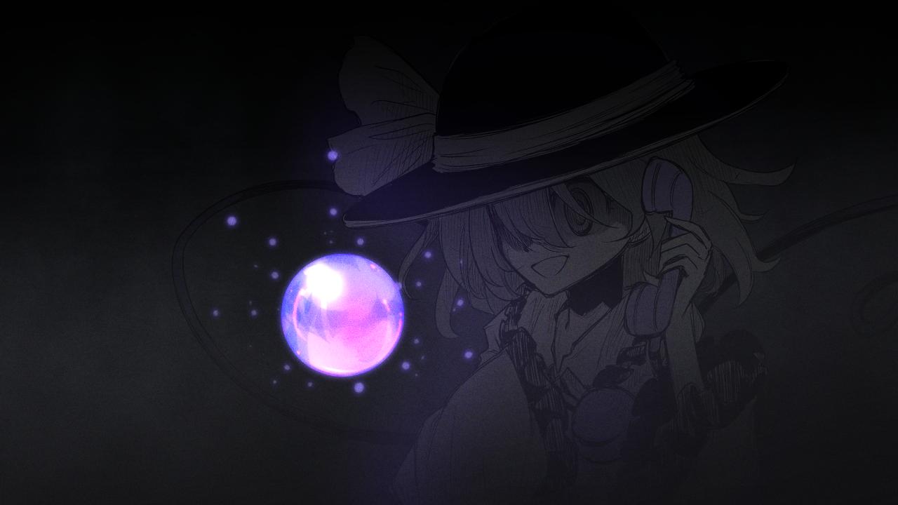 joyfull (terrace), komeiji koishi, touhou, urban legend in limbo, commentary request, :d, buttons, corded phone, dark, diamond button, frilled shirt collar, frills, glowing, hand up, hat, hat ribbon, holding, holding phone, monochrome, muisiki rekuiemu, open mouth, phone, ribbon, smile, talking on phone, third eye, upper body, wide sleeves