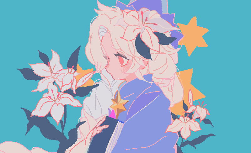reed, white lily cookie, cookie run, cookie run: kingdom, white lily, commentary, symbol-only commentary, 1girl, aged down, aqua background, blue capelet, blue hat, blush, book, braid, braided ponytail, brooch, capelet, closed mouth, collared capelet, film grain, flower, from side, hair flower, hair ornament, hat, holding, holding book, humanization, jewelry, leaf, long hair, long sleeves, looking at flowers, red eyes, shirt, simple background, single braid, solo, star brooch, upper body, white flower, white shirt
