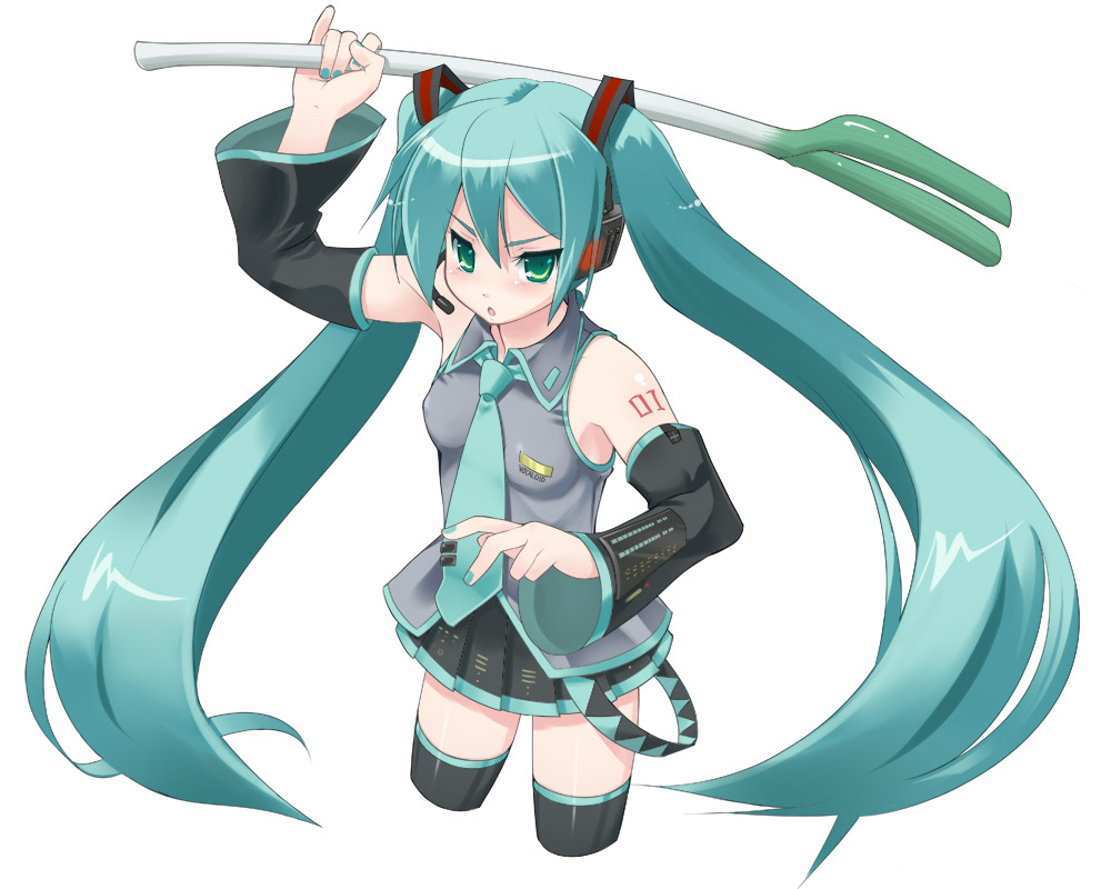 amasa mitsunaru, hatsune miku, vocaloid, 1girl, female focus, hair between eyes, long hair, microphone, simple background, solo, spring onion, thighhighs, twintails, very long hair, white background
