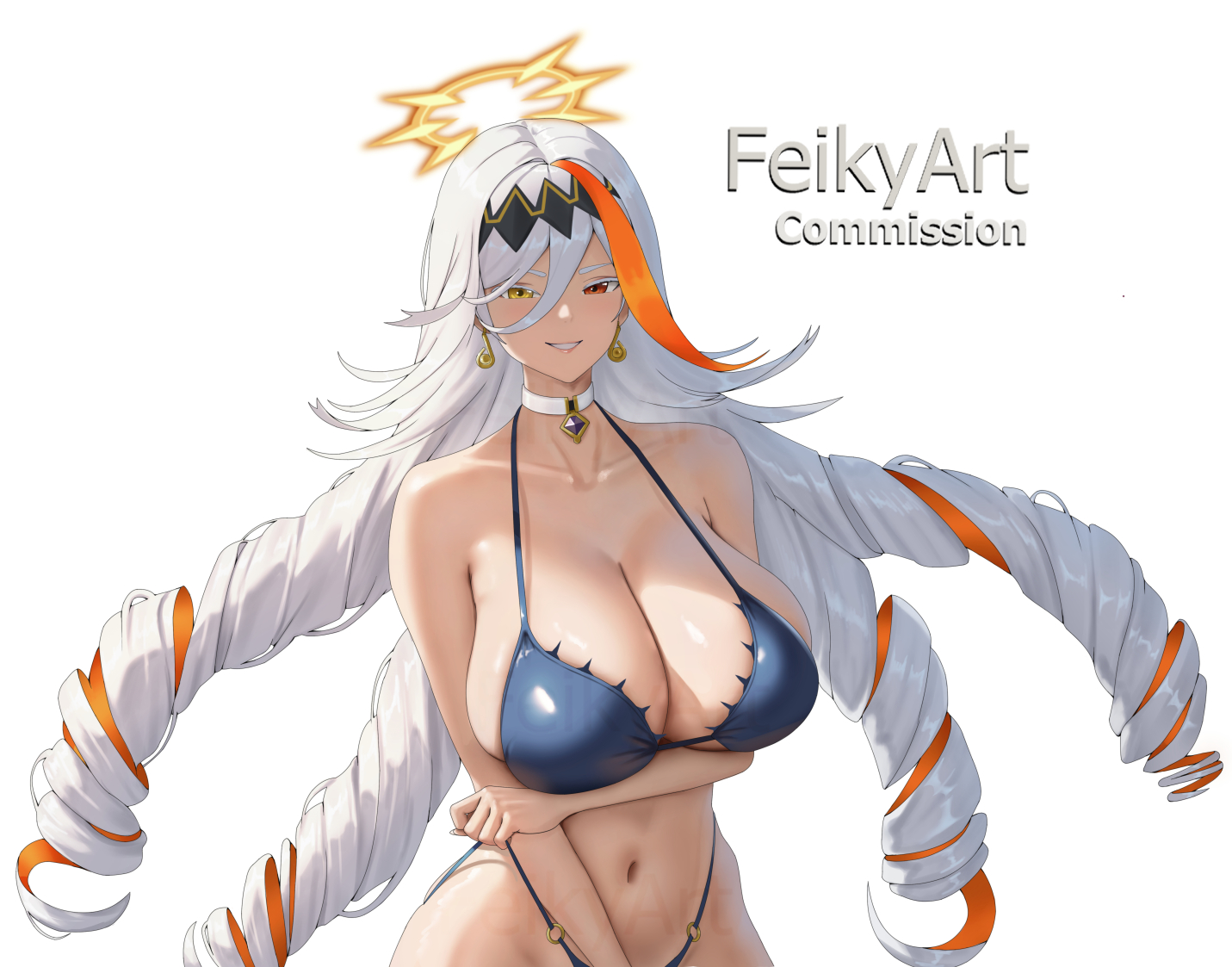 feikyart, baldr (fire emblem heroes), fire emblem, fire emblem heroes, nintendo, commission, 1girl, alternate costume, arm under breasts, bikini, blue bikini, breasts, cleavage, drill hair, halo, heterochromia, huge breasts, long hair, looking at viewer, orange streaks, quad drills, red eyes, sideboob, single hair streak, solo, swimsuit, very long hair, white hair, yellow eyes
