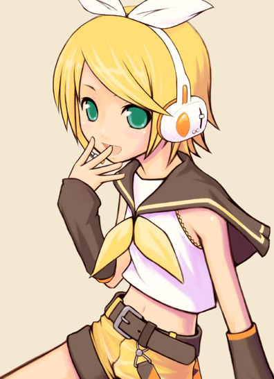 mamoru (arizona), kagamine rin, vocaloid, 1girl, blonde hair, blouse, blush, bow, female focus, headphones, midriff, school uniform, serafuku, shirt, short hair, short shorts, shorts, simple background, solo, white shirt