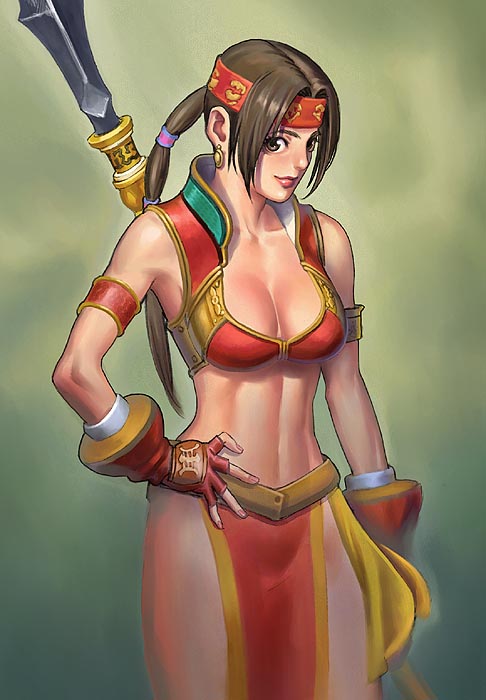 seong mi-na, namco, soul calibur, soulcalibur, soulcalibur ii, 1girl, abs, armlet, breasts, brown eyes, brown hair, cleavage, crop top, earrings, female focus, fingerless gloves, glaive (polearm), gloves, hair tubes, halberd, hand on own hip, headband, jewelry, large breasts, lips, midriff, multi-tied hair, nose, pelvic curtain, polearm, ponytail, sarong, solo, toned, toned female, weapon