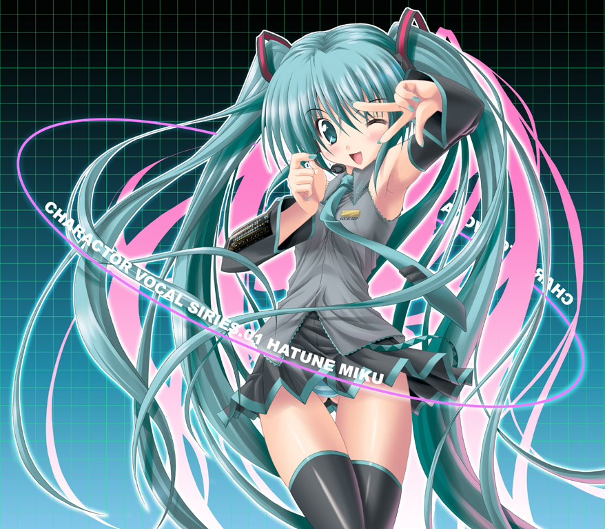 noritama (gozen), hatsune miku, vocaloid, 1girl, armpits, female focus, long hair, microphone, one eye closed, panties, solo, thighhighs, twintails, underwear, very long hair, wink