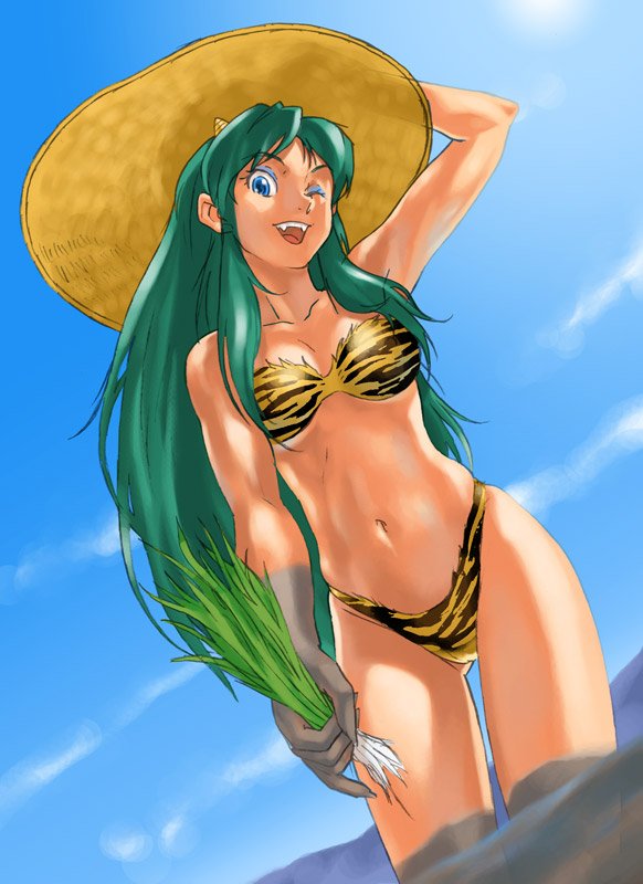 funbolt, unko tarou, lum, urusei yatsura, bad id, bad pixiv id, 1girl, animal print, blue eyes, cone horns, day, eyeshadow, fangs, female focus, green hair, hat, horns, makeup, mud, one eye closed, oni, rice paddies, rice paddy, sky, solo, straw hat, striped horns, tiger print, wink, yellow horns