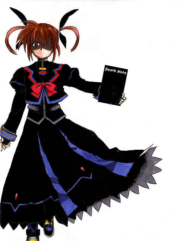 takamachi nanoha, death note, lyrical nanoha, mahou shoujo lyrical nanoha, mahou shoujo lyrical nanoha a's, third-party edit, 1girl, alternate color, bow, brown hair, dark persona, death note (object), female focus, fingerless gloves, gloves, magical girl, parody, red bow, red hair, solo, twintails, white devil