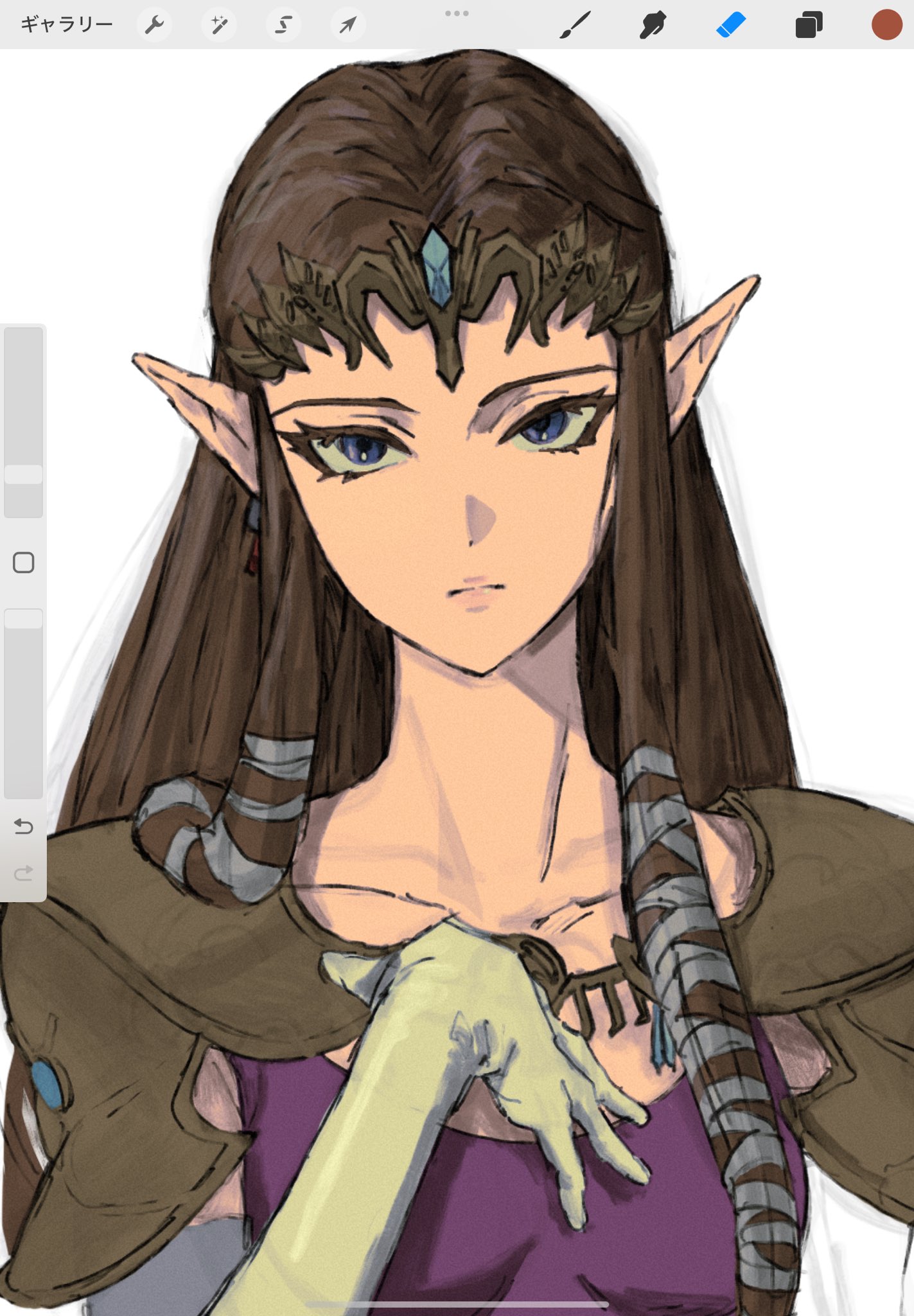 asa8720, princess zelda, nintendo, the legend of zelda, the legend of zelda: twilight princess, highres, 1girl, armor, art program in frame, brown hair, closed mouth, dress, elbow gloves, expressionless, gloves, long hair, looking at viewer, pointy ears, purple dress, purple eyes, shoulder armor, sidelocks, solo, upper body, white background, white gloves