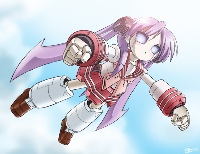 hiiragi kagami, lucky star, artist request, 00s, blue eyes, flying, long hair, mecha, mechanization, purple hair, robot, school uniform, serafuku