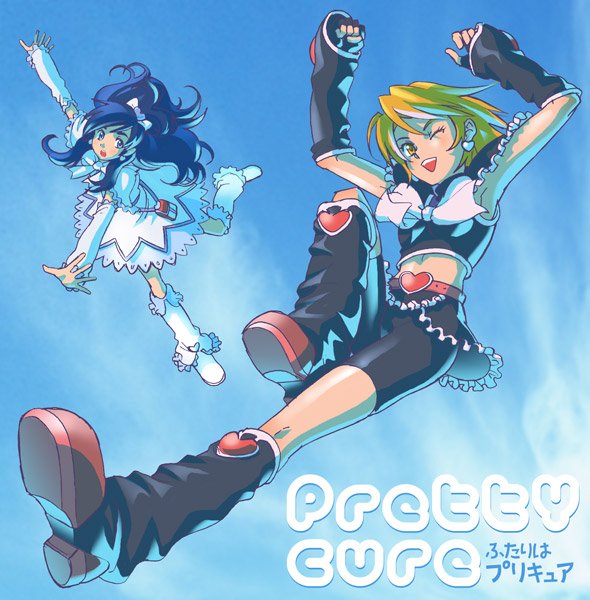 funbolt, unko tarou, cure black, cure white, misumi nagisa, yukishiro honoka, futari wa precure, precure, black footwear, white footwear, 00s, 2girls, bike shorts, blue background, boots, copyright name, day, half updo, heart, knee boots, latex, magical girl, multiple girls, sky