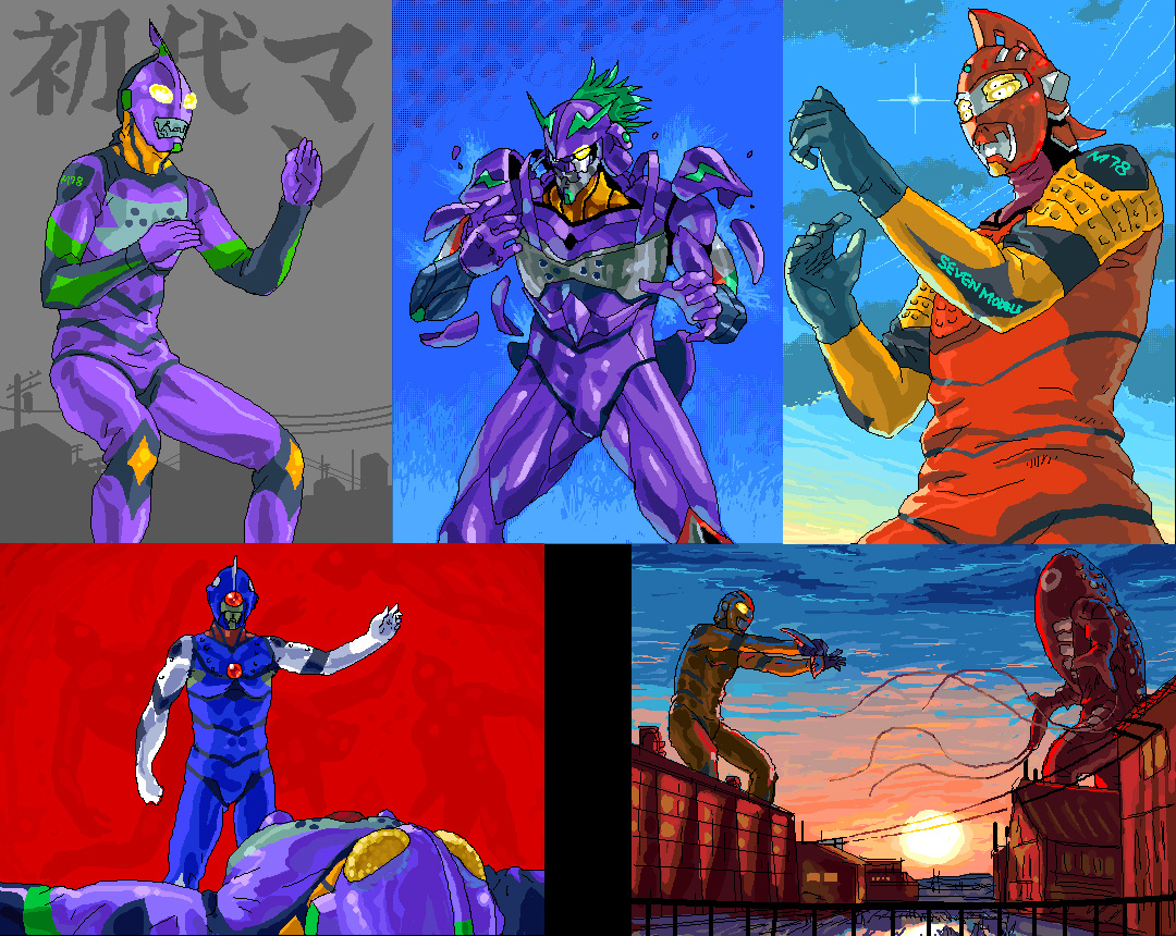 funbolt, unko tarou, angel (evangelion), eva 00, eva 01, eva 02, metron seijin, shamshel (evangelion), ultraman, ultraseven, zoffy (shin), neon genesis evangelion, tsuburaya productions, ultra series, ultraman (1st series), ultraseven (series), arm up, backlighting, black gloves, blue sky, bodysuit, building, cityscape, clothes writing, cloud, contrail, crossover, day, evening, fighting stance, gloves, green hair, helmet, house, looking at viewer, no humans, oekaki, outdoors, parody, power lines, purple bodysuit, railing, skin tight, sky, sun, sunlight, sunset, village, yellow eyes