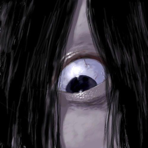 funbolt, unko tarou, yamamura sadako, the ring, lowres, 1girl, black hair, close-up, creepy, eye focus, female focus, hair over one eye, horror (theme), solo, staring