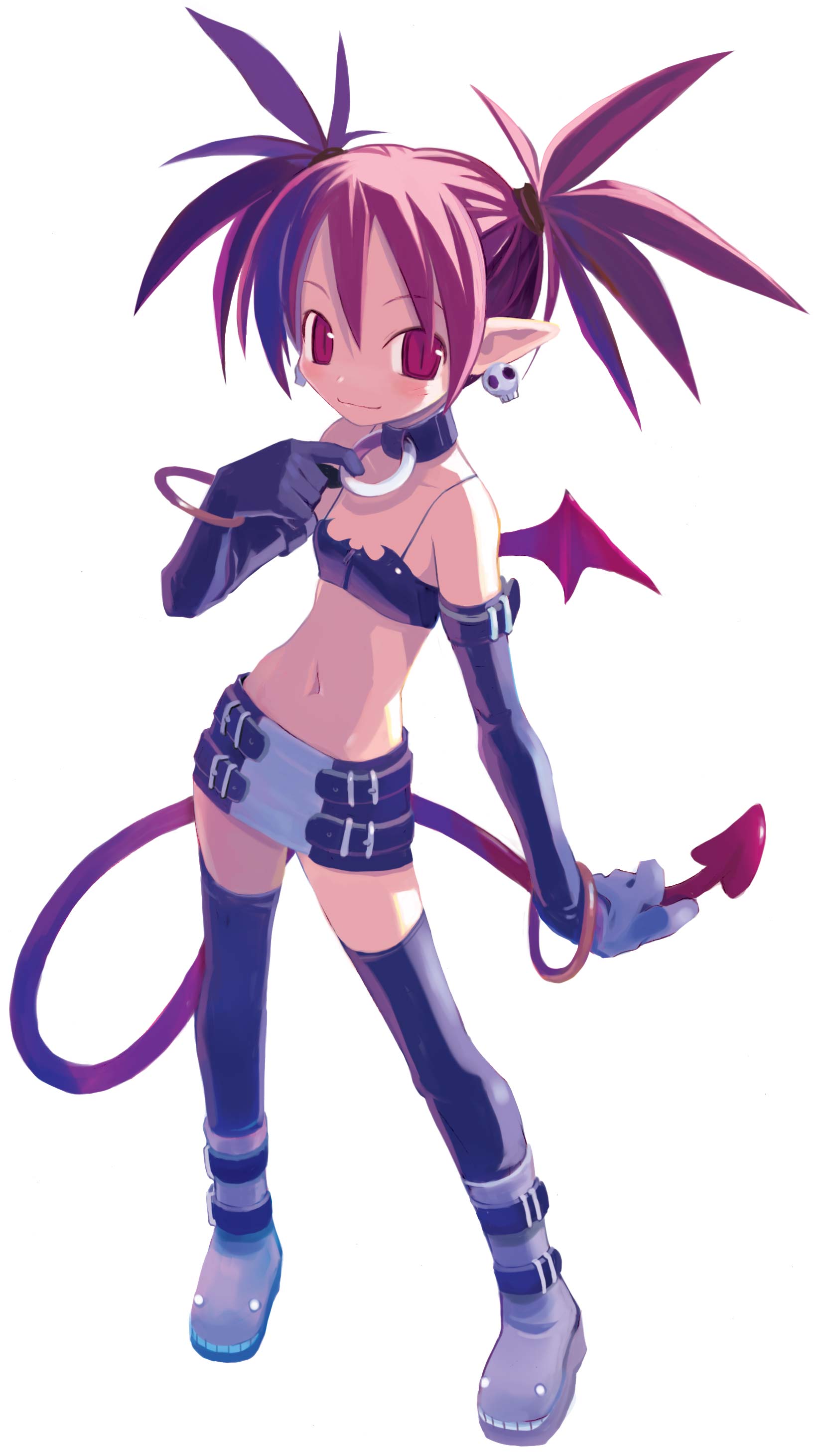 harada takehito, etna (disgaea), disgaea, makai senki disgaea, nippon ichi, absurdres, highres, 00s, 1girl, bat wings, demon girl, female focus, flat chest, miniskirt, navel, pointy ears, skirt, solo, thighhighs, wings