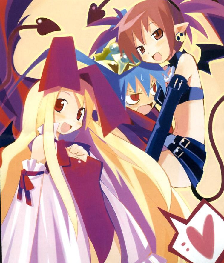 harada takehito, etna (disgaea), flonne, flonne (fallen angel), laharl, disgaea, tagme, crown, hug