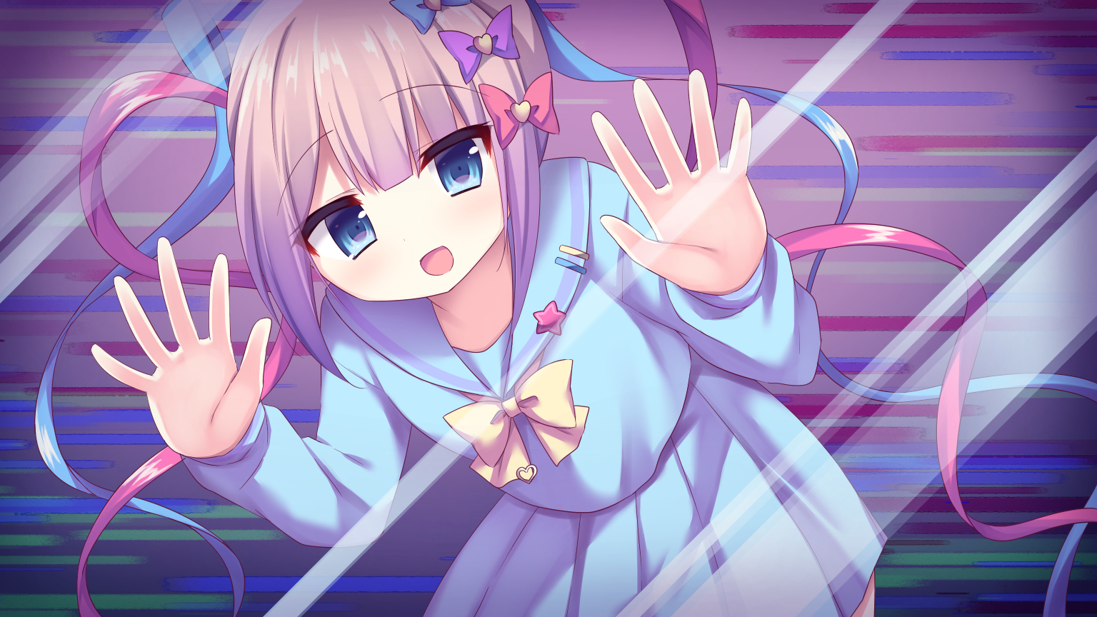 korokoro cat, chouzetsusaikawa tenshi-chan, needy girl overdose, commentary request, 1girl, :d, against glass, blue bow, blue eyes, blue hair, blue serafuku, blue shirt, blue skirt, blunt bangs, blush, bow, bowtie, brown hair, cowboy shot, eyes visible through hair, fourth wall, hair bow, hair ornament, hand on glass, heart, heart hair ornament, leaning forward, long sleeves, looking at viewer, miniskirt, multicolored hair, multiple hair bows, open mouth, outstretched hand, pink hair, pleated skirt, purple bow, quad tails, red bow, school uniform, serafuku, shirt, sidelocks, skirt, smile, solo, twintails, yellow bow, yellow bowtie