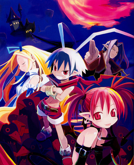 etna (disgaea), flonne, laharl, mid boss, prinny, disgaea, tagme, 2boys, 2girls, angel, blonde hair, blue hair, closed eyes, demon, grin, multiple boys, multiple girls, night, pointy ears, purple hair, red eyes, red hair, smile