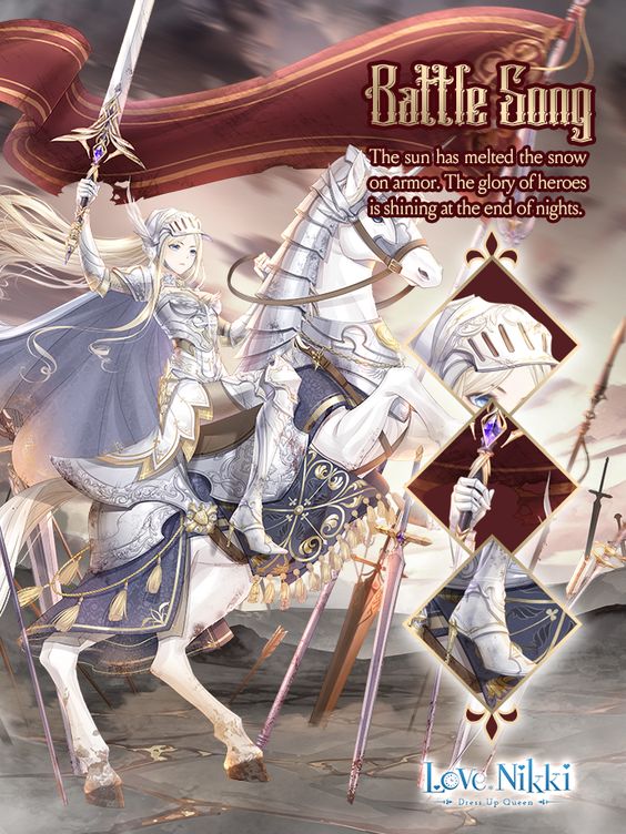 miracle nikki, nikki (series), artist request, official art, 1girl, armor, armored boots, barding, blonde hair, blue eyes, bodysuit, boots, border, bracer, breastplate, close-up, closed mouth, cloud, cloudy sky, copyright name, day, english text, expressionless, flag, floating cape, floating hair, full armor, gauntlets, grey bodysuit, helm, helmet, high heel boots, high heels, holding, holding reins, horseback riding, icewind warchant (miracle nikki), knee pads, knight, logo, long hair, long sidelocks, looking ahead, outdoors, pauldrons, reins, riding, saddle, shoulder armor, sidelocks, sky, solo, stiletto heels, very long hair, visor (armor), war, white border