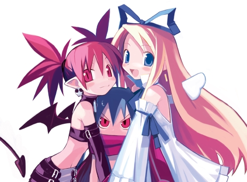 harada takehito, etna (disgaea), flonne, laharl, disgaea, makai senki disgaea, nippon ichi, lowres, 00s, 1boy, 2girls, angel wings, blonde hair, blue eyes, demon wings, detached sleeves, elbow gloves, gloves, leather, long hair, multiple girls, pointy ears, red eyes, red hair, spiked hair, white background, wings