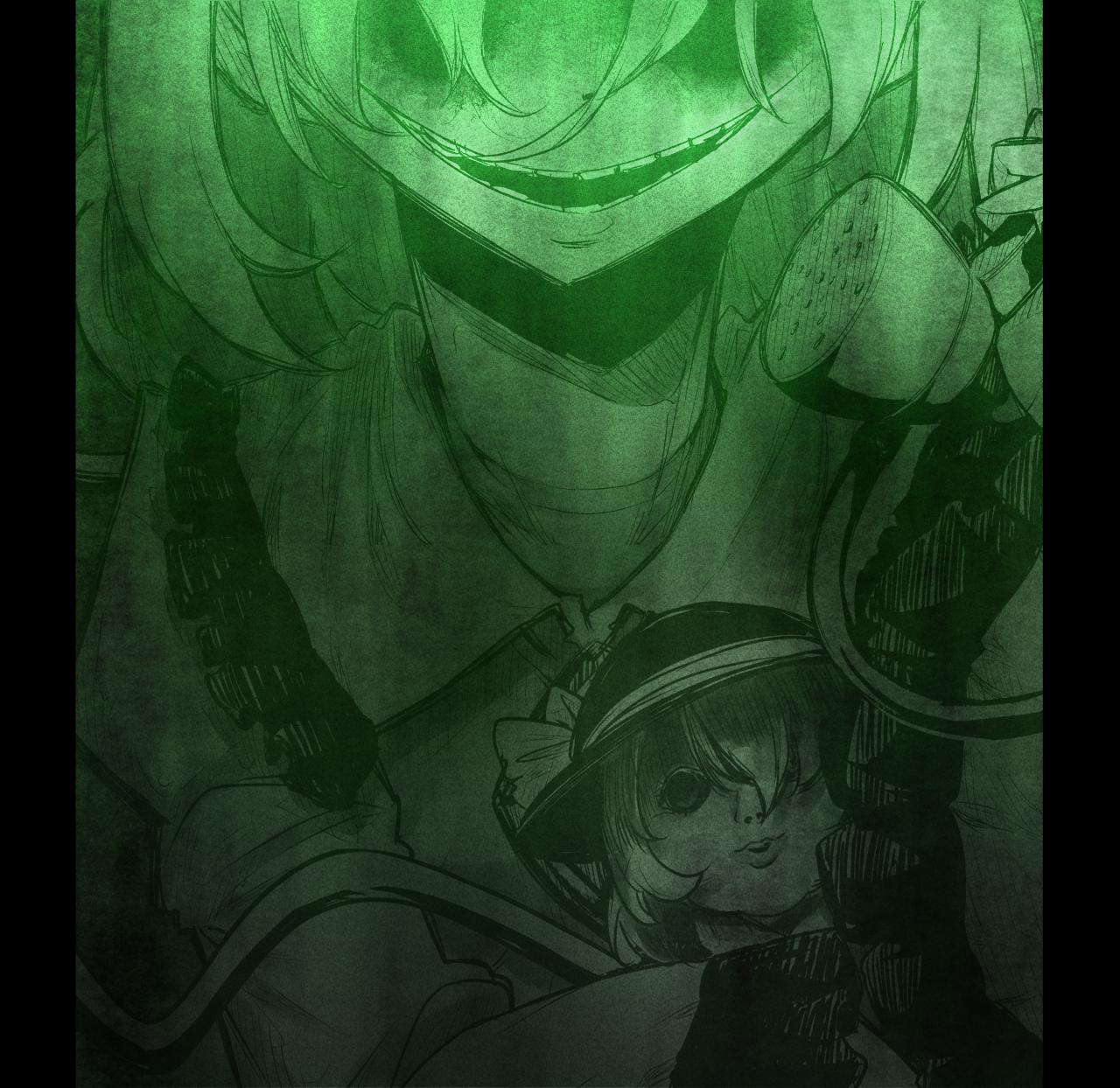 joyfull (terrace), komeiji koishi, touhou, urban legend in limbo, dark eyes, highres, character doll, dark, doll, evil smile, green theme, grin, hair over eyes, hat, horror (theme), monochrome, muisiki rekuiemu, open mouth, shaded face, smile, third eye, ugly teeth, wide smile