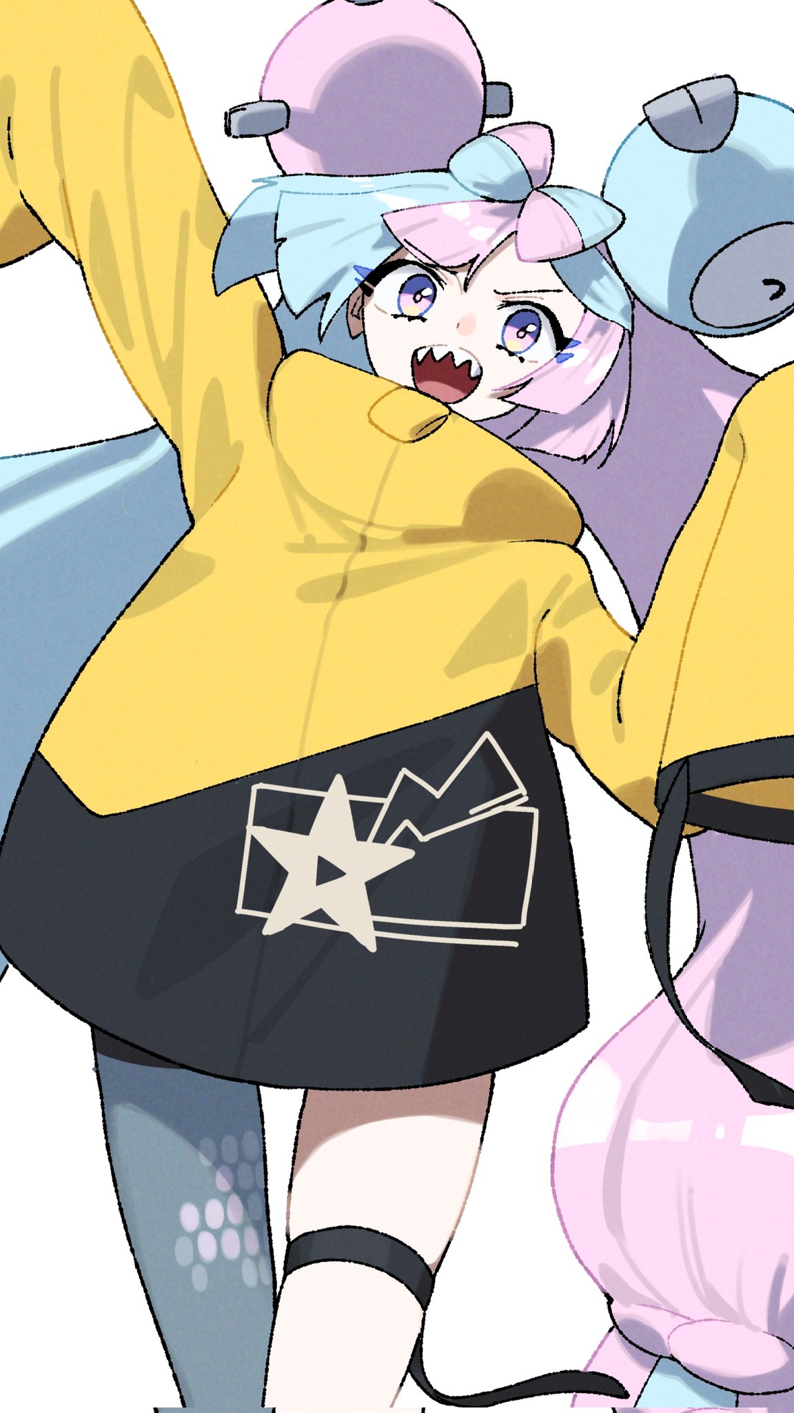 aoi (altea0923), iono (pokemon), nintendo, pokemon, pokemon sv, corrupted twitter file, highres, 1girl, arm up, blue hair, bow-shaped hair, character hair ornament, grey pantyhose, hair ornament, jacket, long hair, long sleeves, looking at viewer, multicolored hair, pantyhose, pink hair, sharp teeth, single leg pantyhose, sleeves past fingers, sleeves past wrists, solo, teeth, thigh strap, twintails, two-tone hair, upper teeth only, very long hair, white background, yellow jacket