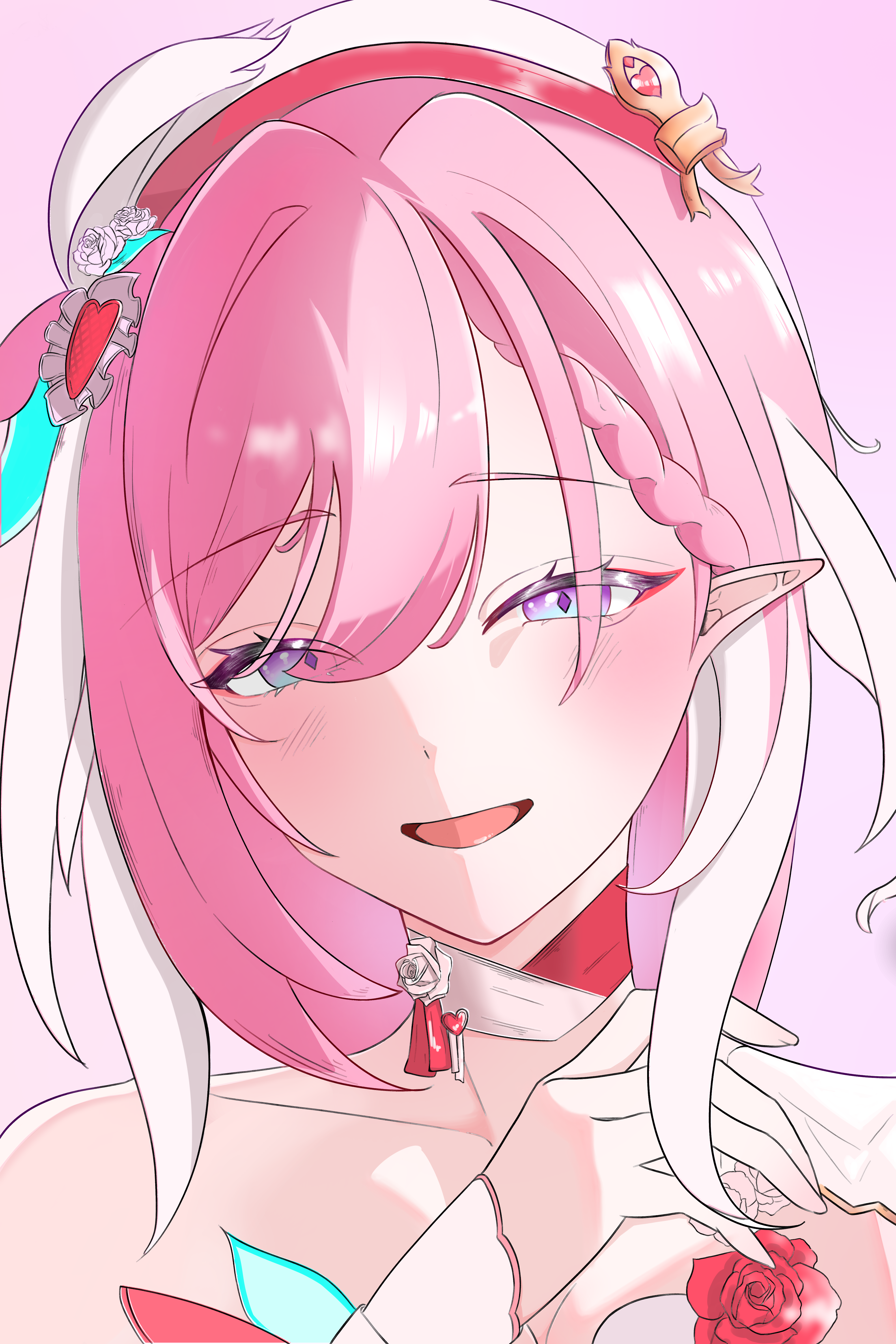 yunnos677, elysia (honkai impact), honkai (series), honkai impact 3rd, absurdres, commentary, english commentary, highres, 1girl, bare shoulders, diamond-shaped pupils, diamond (shape), elf, long hair, looking at viewer, multicolored hair, pink background, pink hair, pointy ears, portrait, purple eyes, simple background, smile, solo, symbol-shaped pupils, two-tone hair, white hair