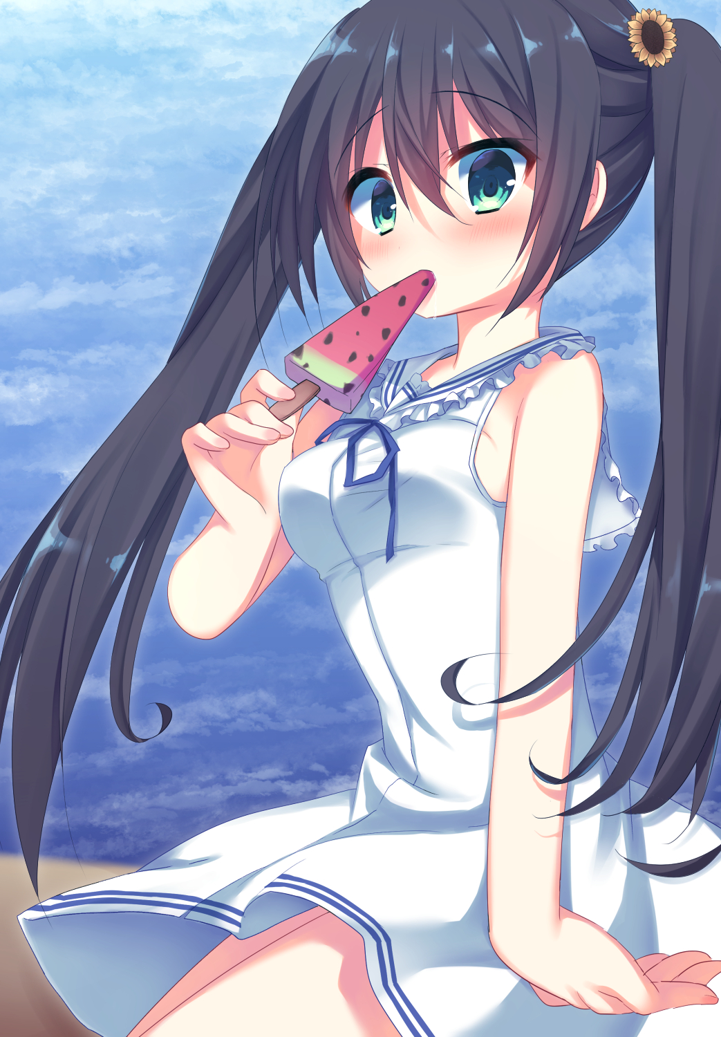 korokoro cat, kousaka chihaya, natsuzora kanata, commentary request, highres, 1girl, arm at side, bare shoulders, black hair, blue ribbon, blue sky, blush, breasts, cowboy shot, day, dress, flower, food, food in mouth, frilled sailor collar, frills, green eyes, hair flower, hair ornament, hand up, holding, holding food, holding popsicle, long hair, looking at viewer, medium breasts, neck ribbon, outdoors, popsicle, popsicle in mouth, ribbon, sailor collar, sailor dress, short dress, sidelocks, sky, sleeveless, sleeveless dress, solo, straight hair, sunflower, sunflower hair ornament, twintails, very long hair, watermelon bar, white dress, white sailor collar