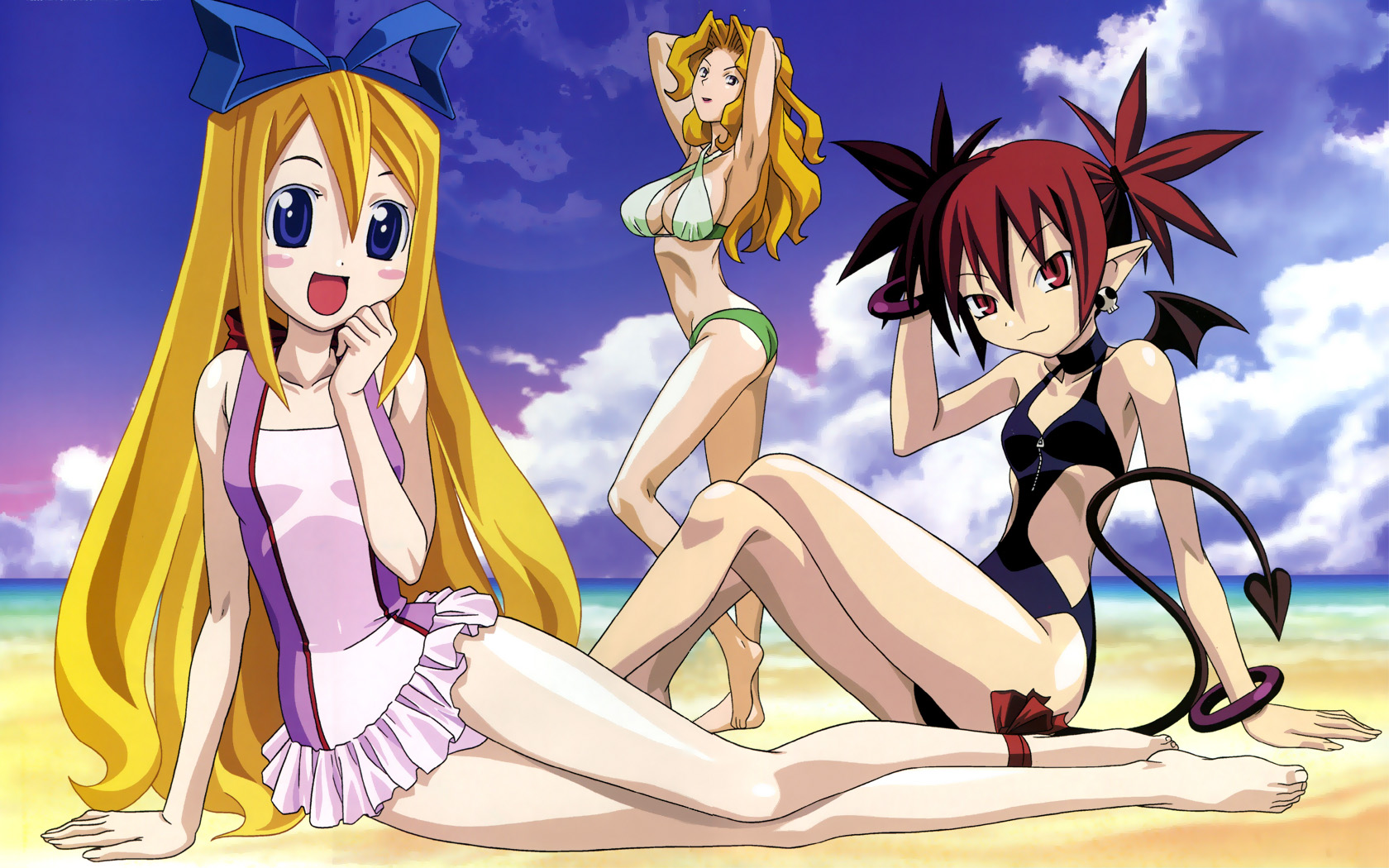kano akira, etna (disgaea), flonne, jennifer (disgaea), disgaea, highres, 3girls, barefoot, beach, bikini, blonde hair, blue eyes, breasts, demon girl, demon wings, large breasts, long hair, multiple girls, red eyes, red hair, ribbon, spiked hair, swimsuit, tail, twintails, wings