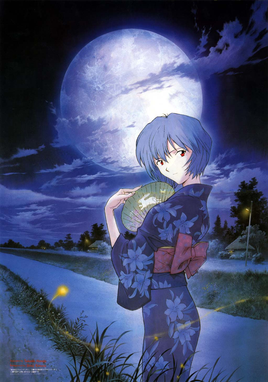ayanami rei, neon genesis evangelion, highres, japanese clothes, kimono, moon