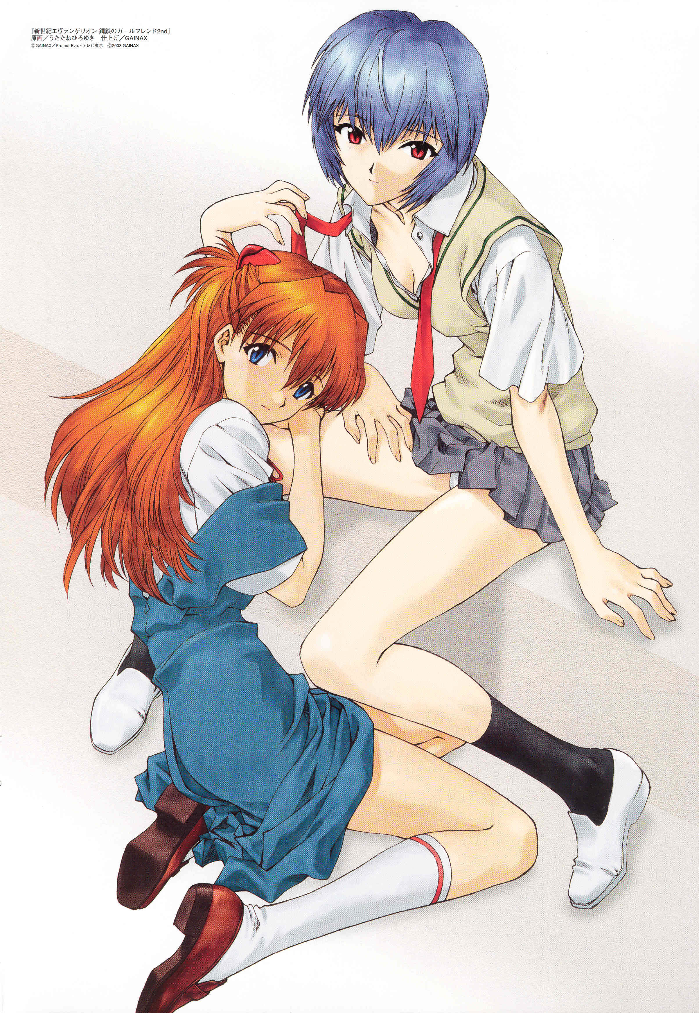 utatane hiroyuki, ayanami rei, souryuu asuka langley, neon genesis evangelion, absurdres, highres, 2girls, blue eyes, blue hair, breasts, cleavage, female focus, looking at viewer, miniskirt, multiple girls, no bra, panties, pleated skirt, red eyes, school uniform, serafuku, sitting, skirt, socks, thighhighs, underwear, upskirt, white panties, zettai ryouiki