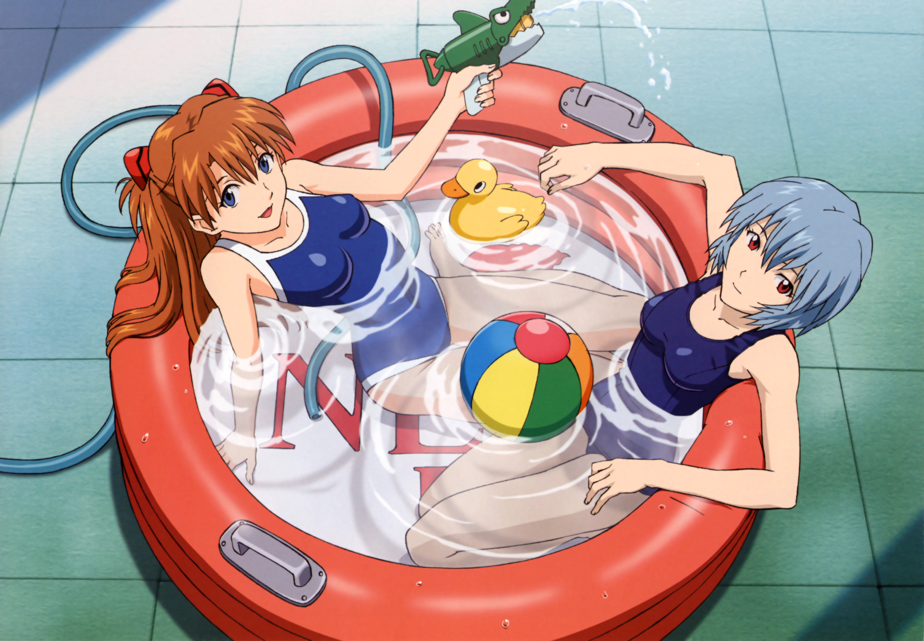 ayanami rei, souryuu asuka langley, neon genesis evangelion, highres, 2girls, ball, blue eyes, blue hair, blue one-piece swimsuit, female focus, hose, multiple girls, one-piece swimsuit, pool, red eyes, rubber duck, school swimsuit, swimsuit, wading pool, water, water gun