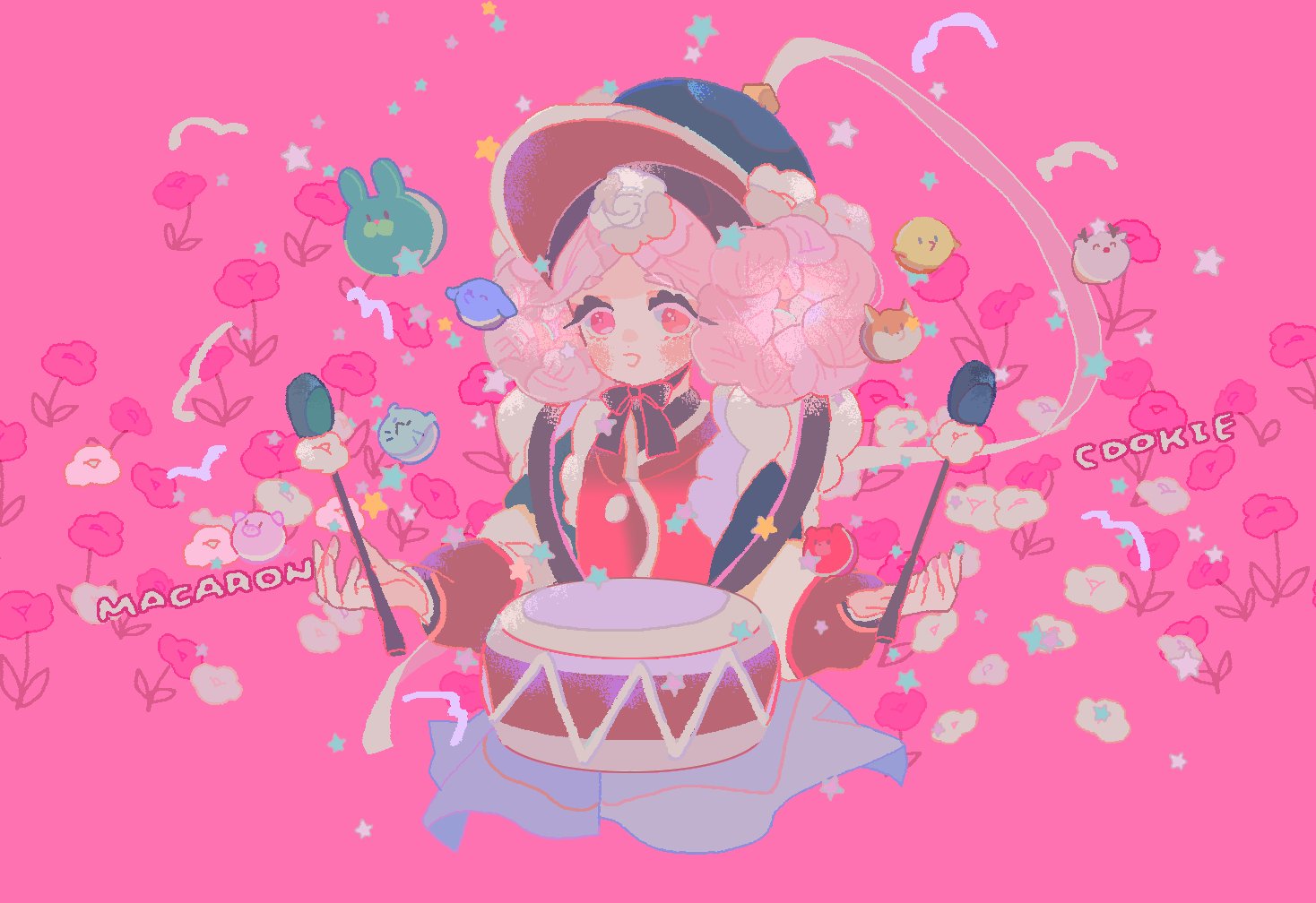 reed, cookie run, cookie run: kingdom, commentary, symbol-only commentary, 1girl, :d, black bow, blue hat, bow, character name, cropped torso, drum, drumsticks, film grain, flower, hair rings, hat, holding, holding drumsticks, humanization, instrument, long sleeves, looking at viewer, macaron cookie, macaron cookie (lively pungmulnori), mohawk, official alternate costume, open mouth, parted bangs, pink background, pink eyes, pink flower, pink hair, puffy long sleeves, puffy sleeves, red sweater, simple background, smile, solo, star (symbol), sweater, white flower