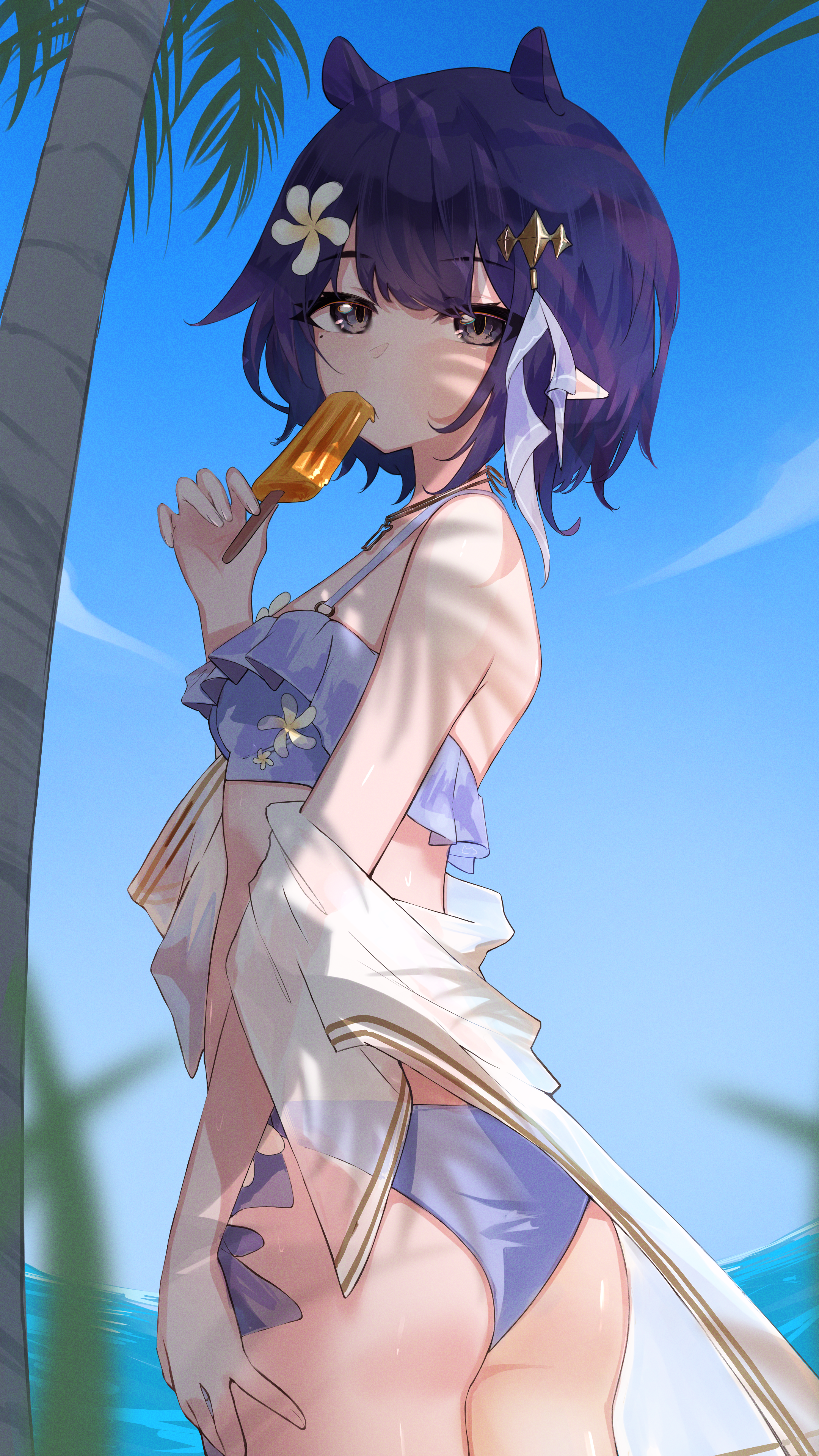 uve, ninomae ina'nis, ninomae ina'nis (holonatsu paradise), hololive, hololive english, holonatsu paradise, absurdres, highres, 1girl, ass, bikini, blue sky, breasts, day, flower, food, grey bikini, hair flower, hair ornament, holding, holding food, holding ice cream, ice cream, ice cream bar, ocean, official alternate costume, official alternate hairstyle, outdoors, palm tree, pointy ears, purple eyes, purple hair, shade, sky, small breasts, solo, swimsuit, tentacle hair, tree, virtual youtuber