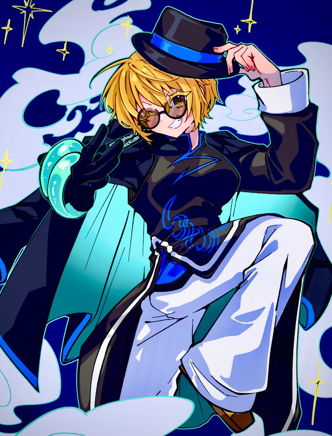 nantekottawo!!, don quixote (project moon), limbus company, project moon, highres, 1girl, :d, black coat, black dress, black gloves, black hat, blonde hair, blue background, breasts, brown-tinted eyewear, brown shoes, china dress, chinese clothes, cinq association east uniform, coat, coat on shoulders, dress, earrings, fang, full body, gloves, hat, jade bracelet, jewelry, looking at viewer, ofuda earrings, one eye closed, open mouth, pants, partially opaque sunglasses, round eyewear, shoes, short hair, simple background, single earring, single glove, smile, solo, sparkle, standing, sunglasses, tilted headwear, tinted eyewear, white pants, yellow eyes
