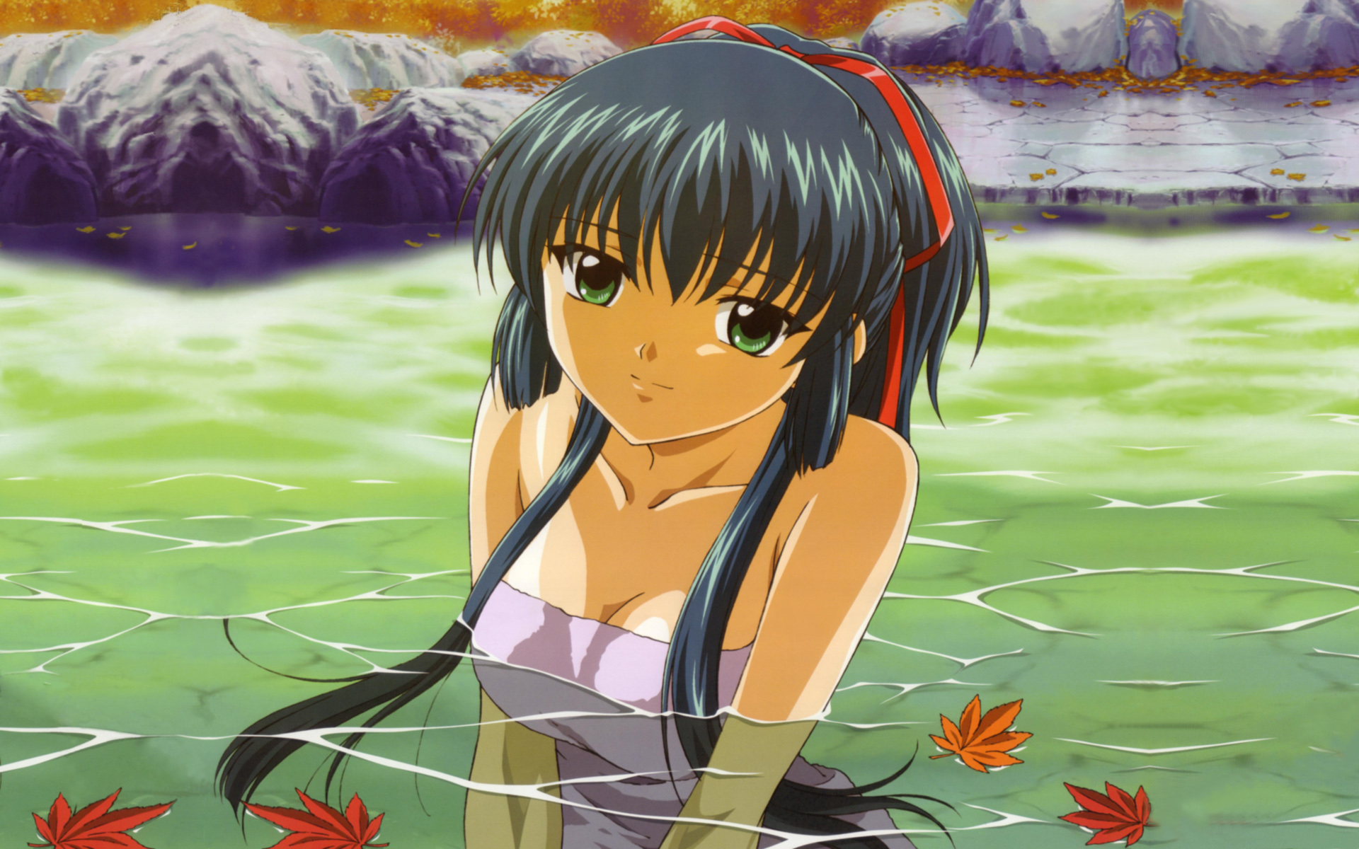 karasuma chitose, galaxy angel, highres, tagme, 00s, 1girl, autumn, blue hair, female focus, green eyes, leaf, looking at viewer, naked towel, onsen, outdoors, partially submerged, solo, towel