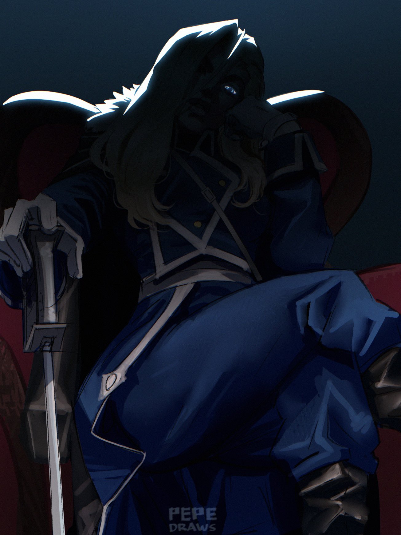 pepedraws, olivier mira armstrong, fullmetal alchemist, highres, 1girl, amestris military uniform, blonde hair, blue eyes, blue pants, crossed legs, face in shadow, gloves, hair over one eye, lips, long hair, military, military uniform, pants, sitting, solo, white gloves