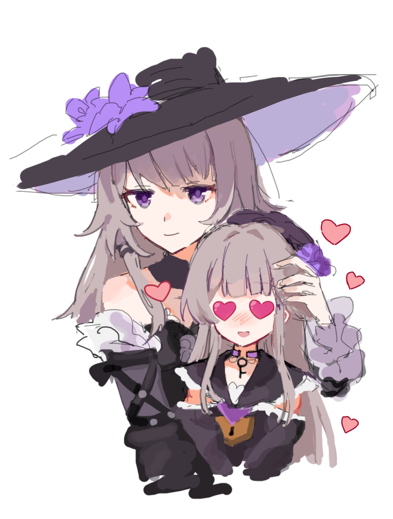 oreore1121, herta (honkai: star rail), herta (puppet) (honkai: star rail), the herta (honkai: star rail), honkai: star rail, honkai (series), commentary request, highres, 2girls, bare shoulders, black dress, black hat, dress, dual persona, flower, grey hair, hat, hat flower, heart, long hair, multiple girls, purple eyes, purple flower, simple background, smile, upper body, white background