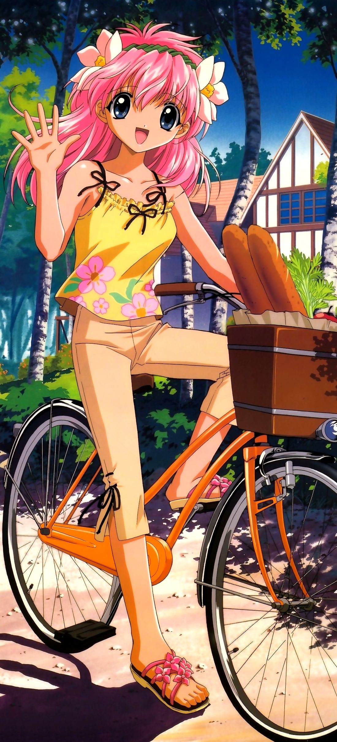 milfeulle sakuraba, galaxy angel, absurdres, highres, 00s, 1girl, alternate costume, baguette, bicycle, blush, bread, feet, female focus, flower, food, forest, hair flower, hair ornament, long hair, looking at viewer, nature, outdoors, pink hair, sandals, smile, solo, tank top, tree