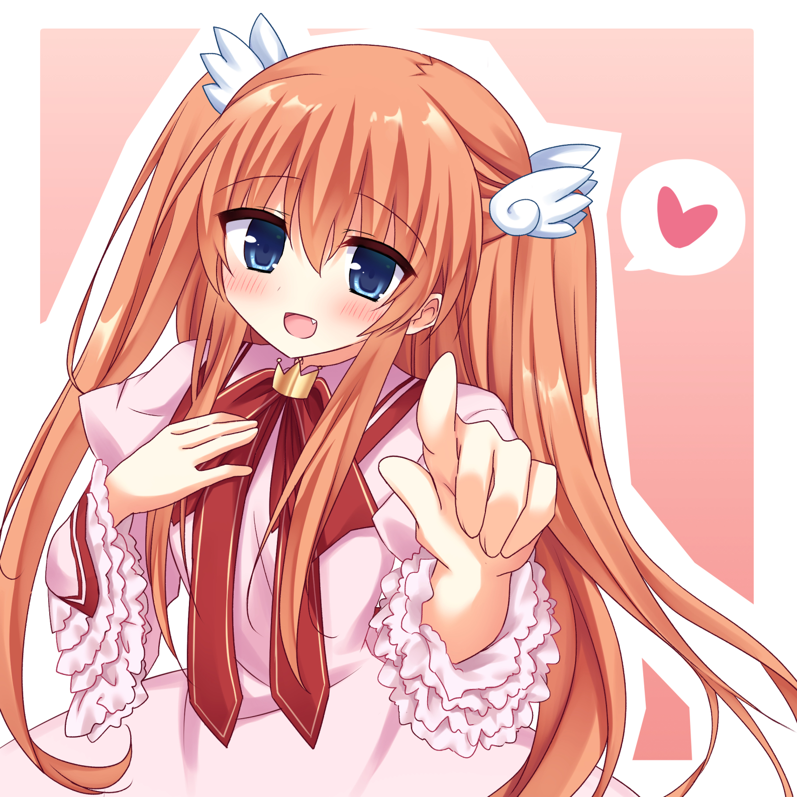 korokoro cat, ootori chihaya, rewrite, commentary request, highres, 1girl, 2025, :d, alternate costume, blue eyes, blush, border, cowboy shot, crown, dated, dress, eyes visible through hair, fang, frilled sleeves, frills, hair between eyes, hair ornament, hand on own chest, hands up, happy, heart, index finger raised, juliet sleeves, kazamatsuri institute high school uniform, long hair, long sleeves, looking at viewer, mini crown, neck ribbon, open mouth, orange hair, outline, outside border, pink background, pink dress, pointing, pointing at viewer, puffy sleeves, red ribbon, ribbon, school uniform, simple background, smile, solo, speech bubble, spoken heart, straight hair, two side up, very long hair, white border, white outline, wide sleeves, wing hair ornament