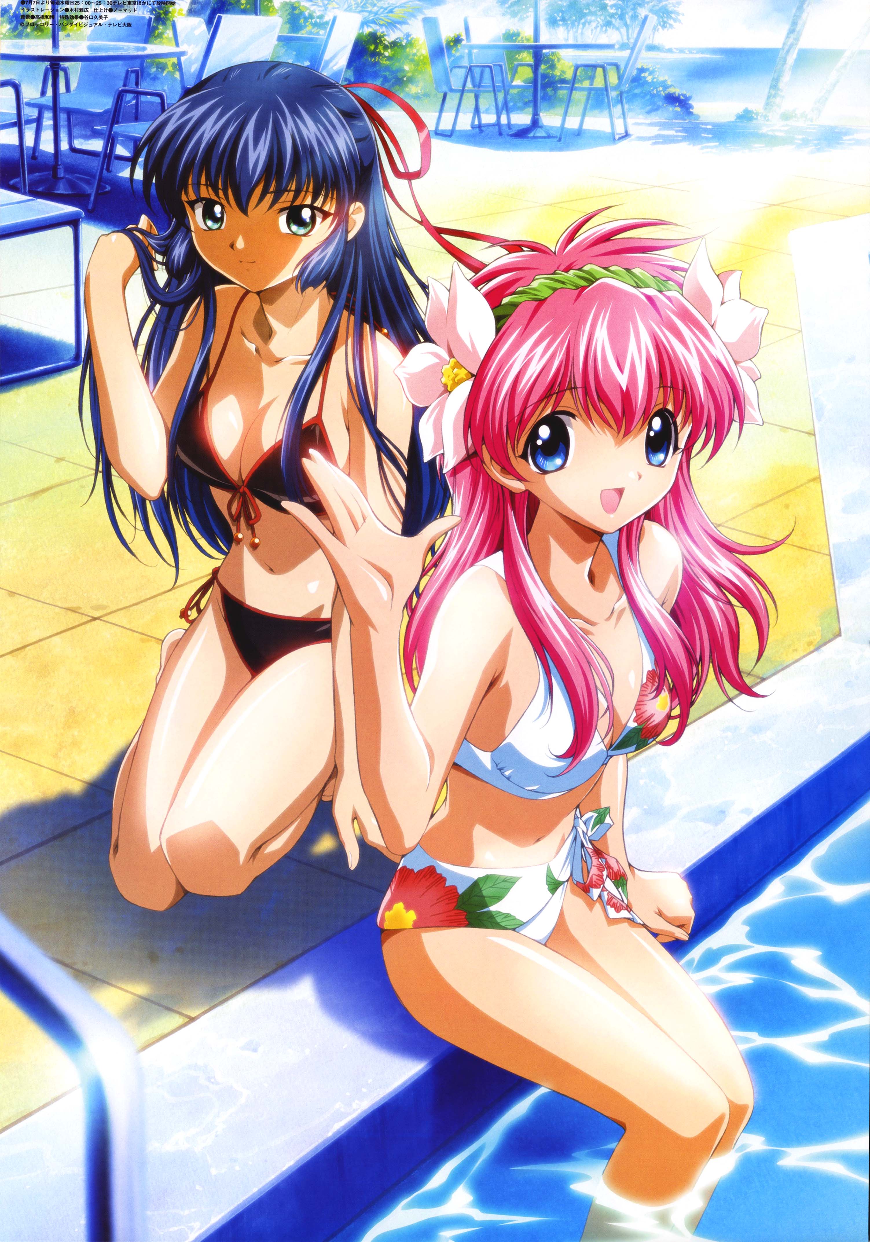 kimura masahiro, karasuma chitose, milfeulle sakuraba, broccoli (company), galaxy angel, absurdres, highres, official art, scan, 00s, 1990s (style), 2girls, :d, beach, bikini, black bikini, blue eyes, blue hair, breasts, chair, cleavage, cowboy shot, floral print, flower, front-tie top, full body, hair flower, hair ornament, half updo, hand in own hair, kneeling, light rays, long hair, moire, multiple girls, ocean, open mouth, outdoors, palm tree, pink hair, pool, pool ladder, poolside, retro artstyle, side-tie bikini bottom, sitting, smile, soaking feet, sunbeam, sunlight, swimsuit, table, tree, water, waving