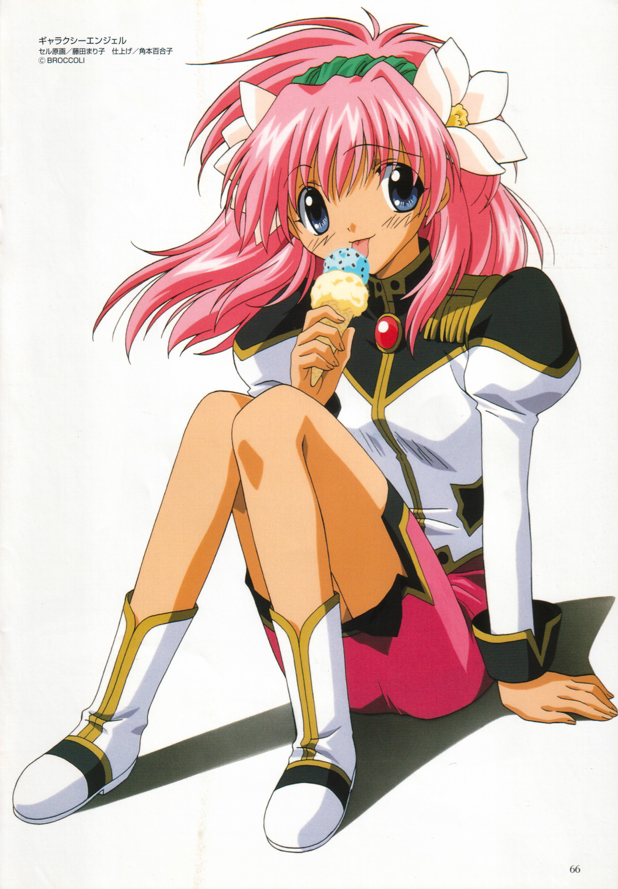 milfeulle sakuraba, galaxy angel, highres, official art, scan, tagme, 00s, 1girl, blue eyes, female focus, food, ice cream, long hair, looking at viewer, pink hair, simple background, solo, white background