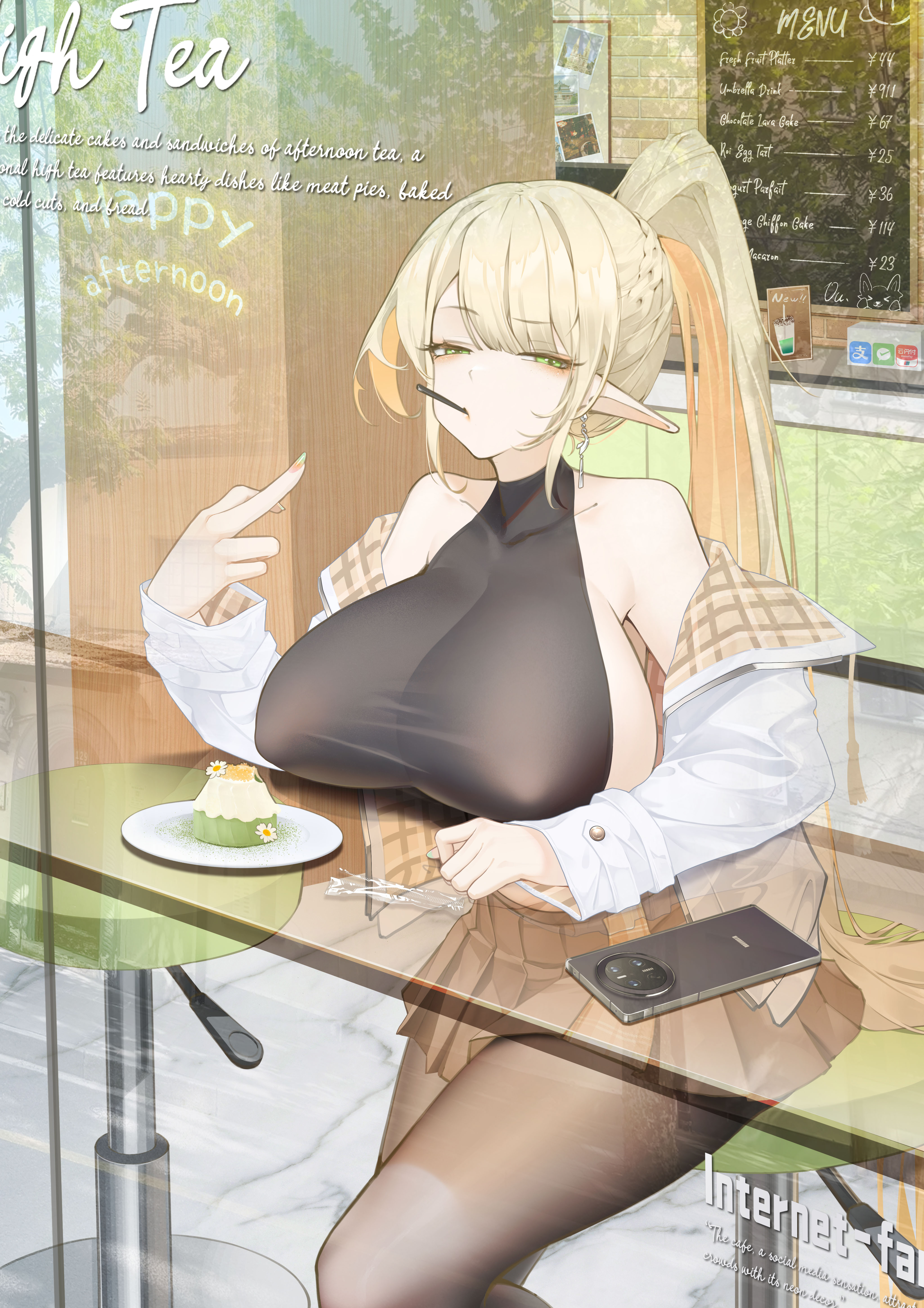 huang (pixiv3580877), original, absurdres, commentary request, highres, 1girl, bar stool, bare shoulders, breasts, brown pantyhose, brown skirt, casual, cellphone, collarbone, covered erect nipples, earrings, elf, food, food in mouth, green eyes, high ponytail, huge breasts, jacket, jewelry, menu board, middle finger, miniskirt, pantyhose, phone, pleated skirt, pocky, pocky in mouth, pointy ears, ponytail, sideboob, sitting, skirt, smartphone, solo, stool, white jacket
