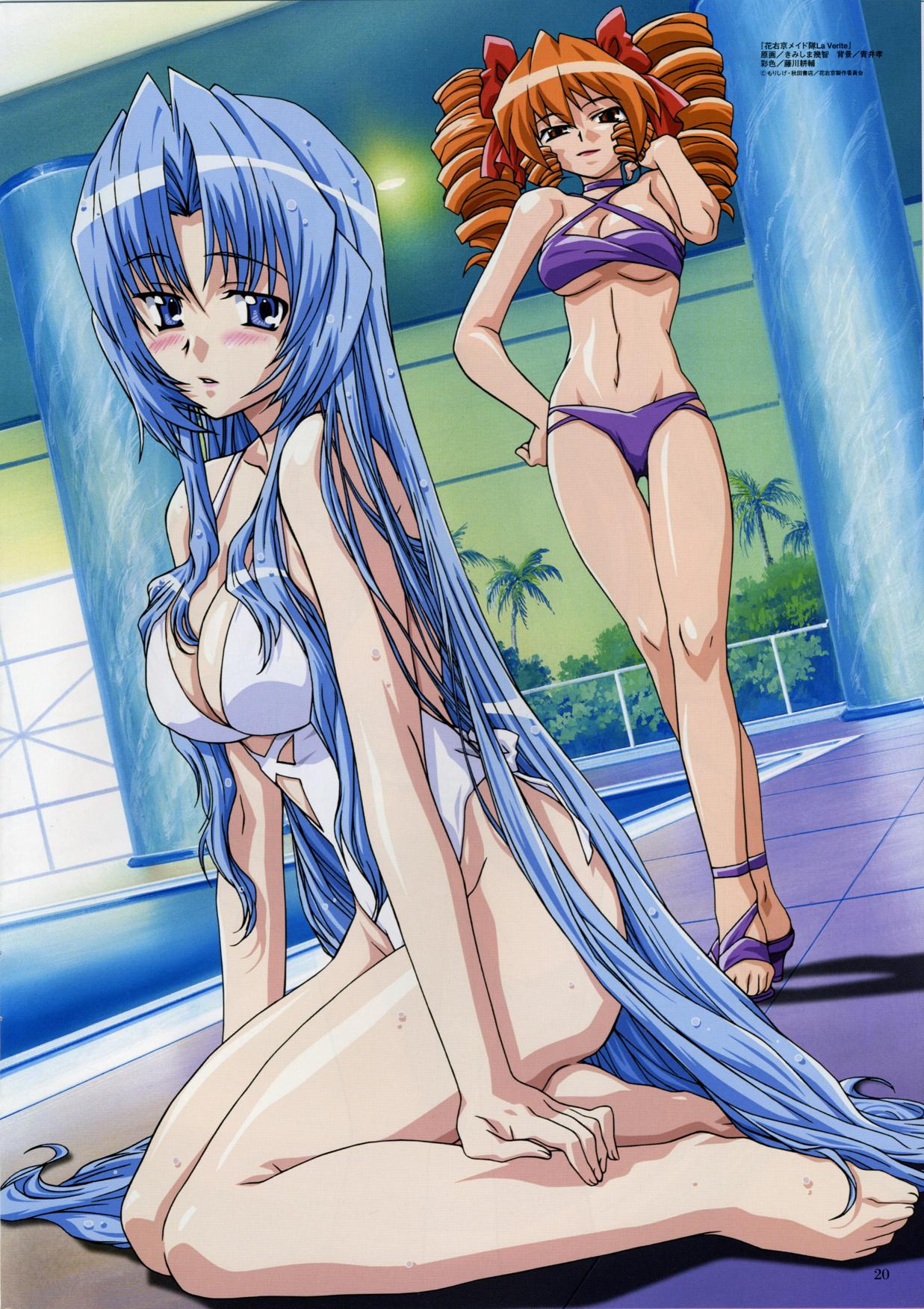kimishima ikutomo, jihiou ryuuka, mariel (hanaukyou maid tai), hanaukyou maid tai, hanaukyou maid tai: la verite, megami magazine, highleg swimsuit, lights, highres, official art, scan, 00s, 2girls, adjusting hair, barefoot, bikini, blue eyes, blue hair, blush, bow, breasts, casual one-piece swimsuit, ceiling, cleavage, criss-cross halter, crossed legs, day, drill hair, dutch angle, feet, from side, hair bow, hair ribbon, halterneck, high heels, highleg, indoors, kneeling, large breasts, lipstick, long hair, long legs, looking at viewer, looking back, lowleg, lowleg bikini, makeup, multiple girls, one-piece swimsuit, orange hair, palm tree, parted lips, pillar, pool, poolside, purple bikini, red eyes, ribbon, sandals, shadow, shoes, sitting, sky, smile, standing, sweat, swimsuit, thigh gap, tile floor, tiles, tree, twin drills, twintails, underboob, very long hair, water, watson cross, wet, wet hair, white one-piece swimsuit, window, yokozuwari