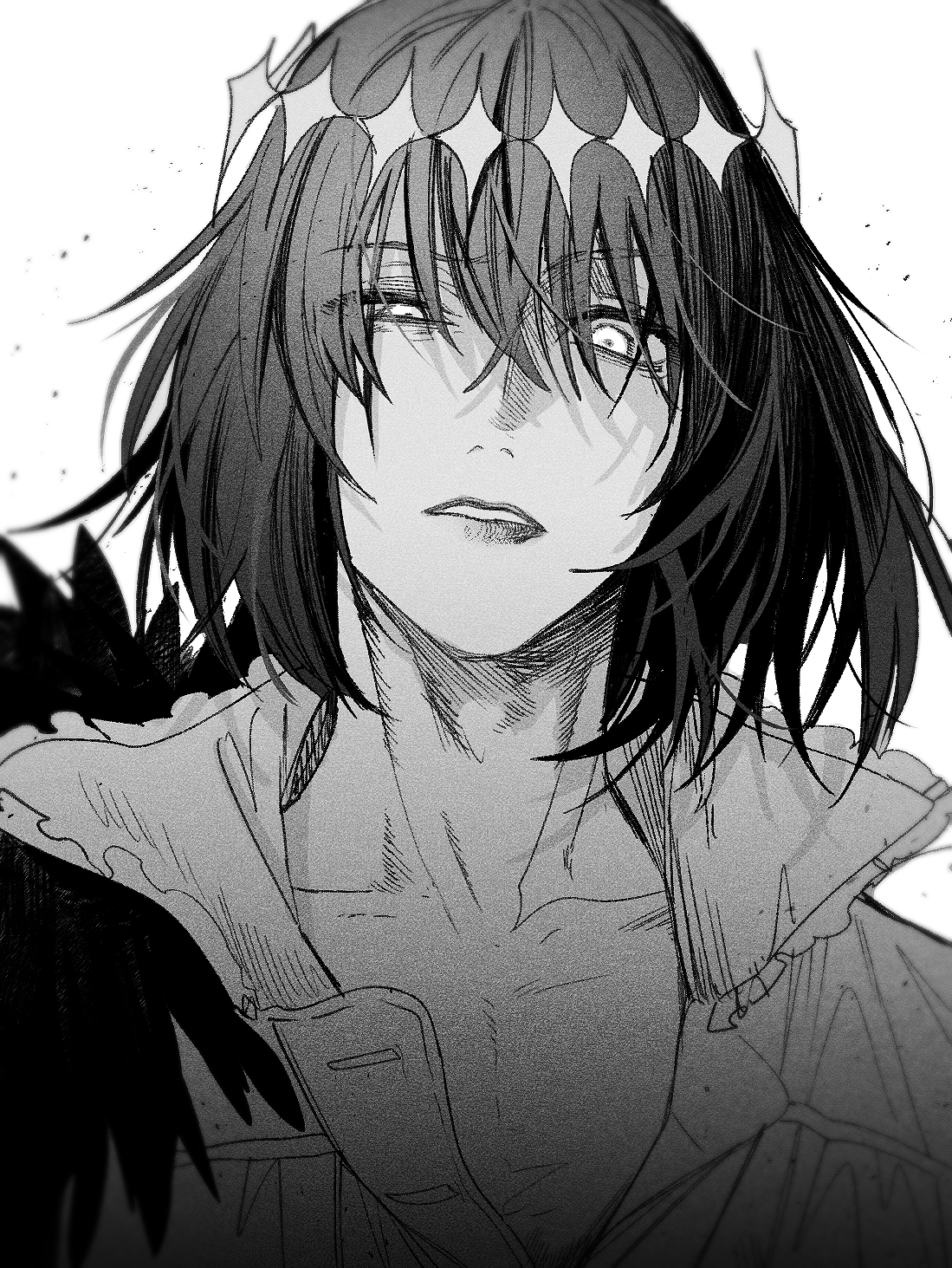ryousuke (tukr5384), oberon (fate), oberon (third ascension) (fate), fate/grand order, fate (series), highres, 1boy, black hair, fur trim, hair between eyes, lips, looking at viewer, monochrome, shirt, short hair, simple background, solo, white background