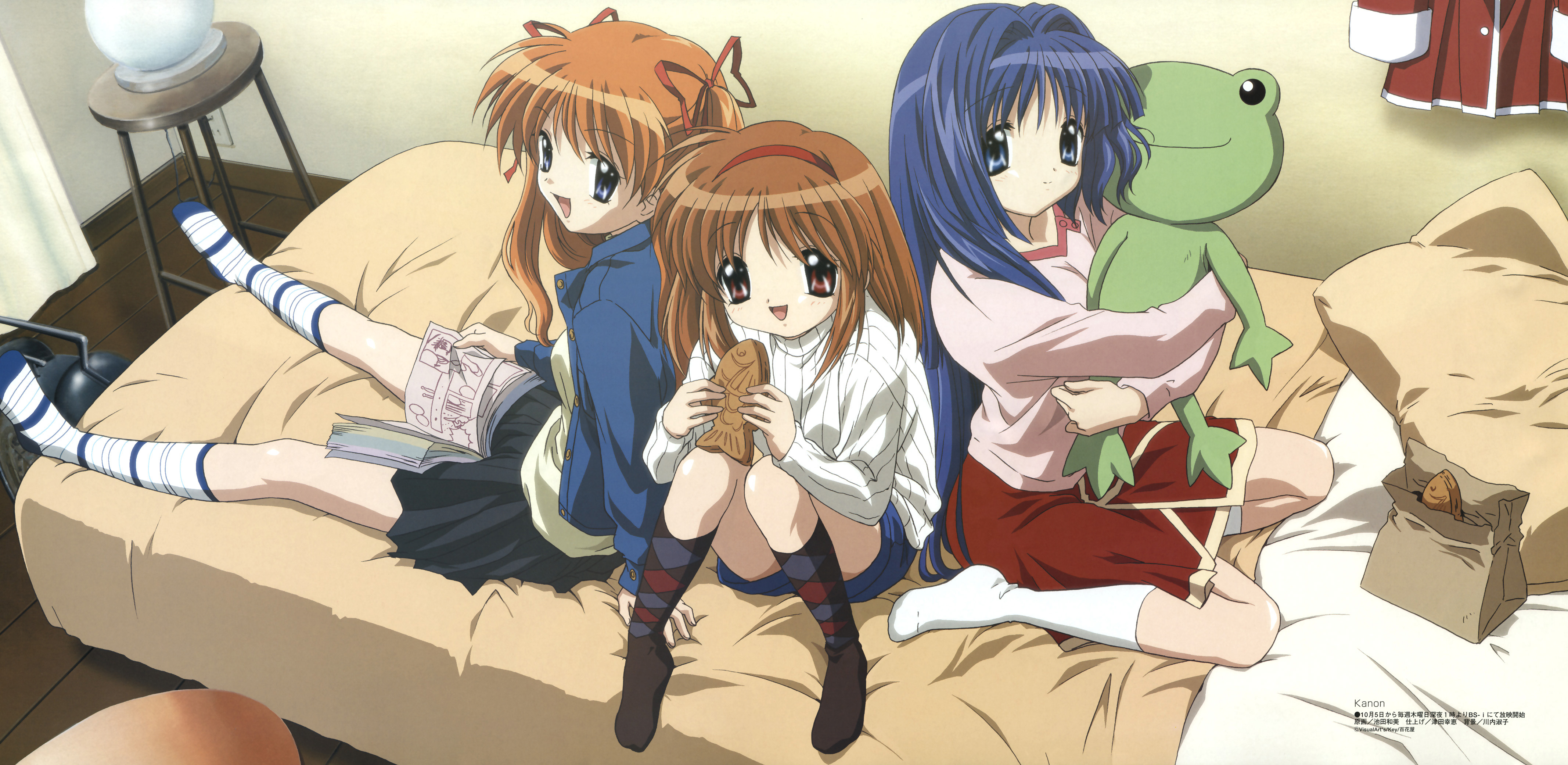 minase nayuki, sawatari makoto, tsukimiya ayu, kanon, argyle legwear, striped legwear, absurdres, highres, long image, wide image, 3girls, argyle clothes, bed, blonde hair, blue eyes, blue hair, brown eyes, brown hair, denim, denim jacket, food, hair ribbon, hairband, jacket, multiple girls, patterned legwear, ribbon, school uniform, serafuku, shorts, smile, socks, stuffed animal, stuffed toy, sweater, taiyaki, wagashi