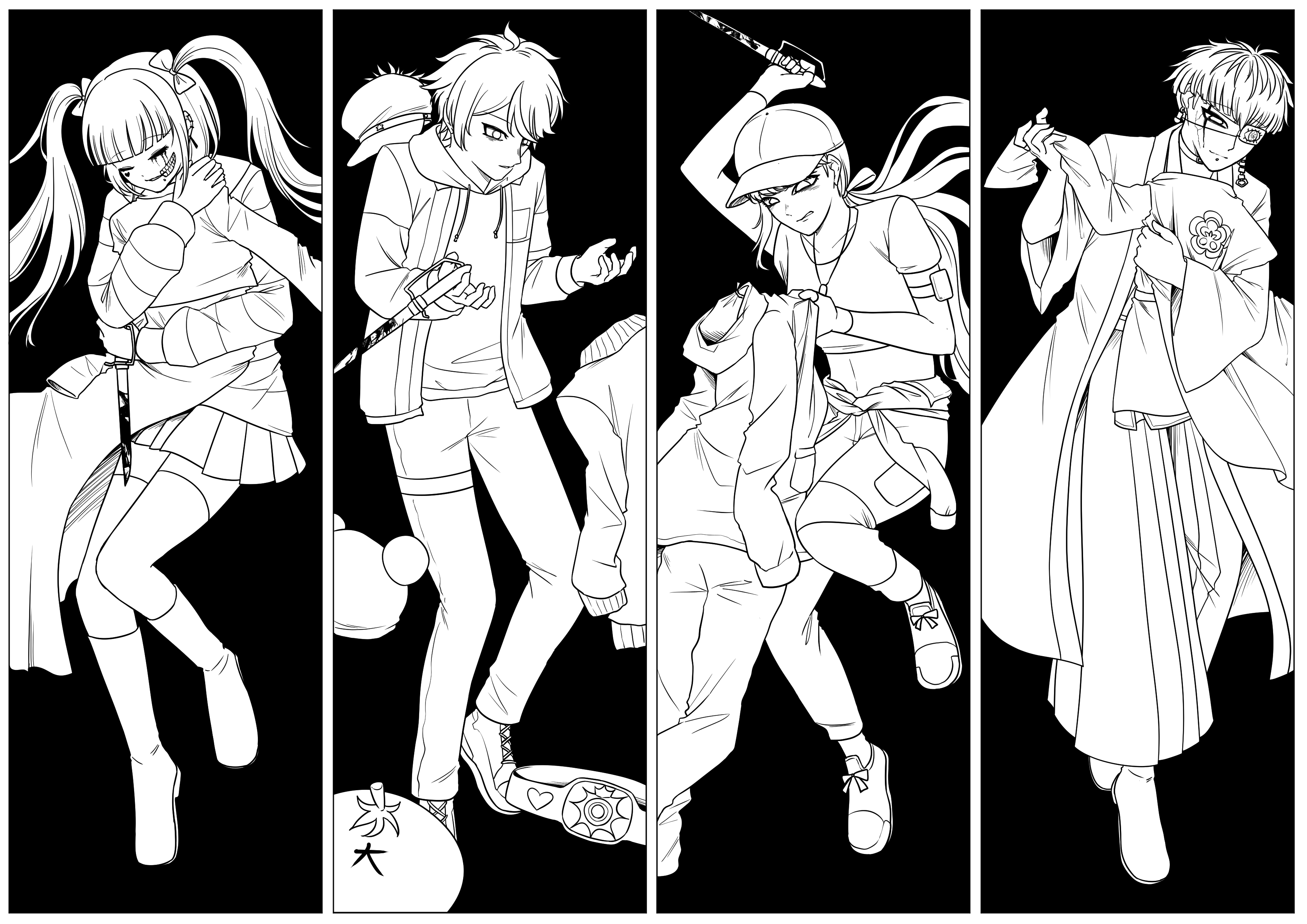 amemiya darumi, kawana tsubasa, omokage yugamu, sumino takumi, the hundred line -last defense academy-, 2boys, 2girls, black background, bow, closed eyes, crop top, earrings, eyepatch, holding, holding knife, hood, hoodie, jacket, japanese clothes, jewelry, knife, loose clothes, multiple boys, multiple girls, multiple views, panels, pleated skirt, ponytail, short hair, skirt, symbolism, tomato, twintails