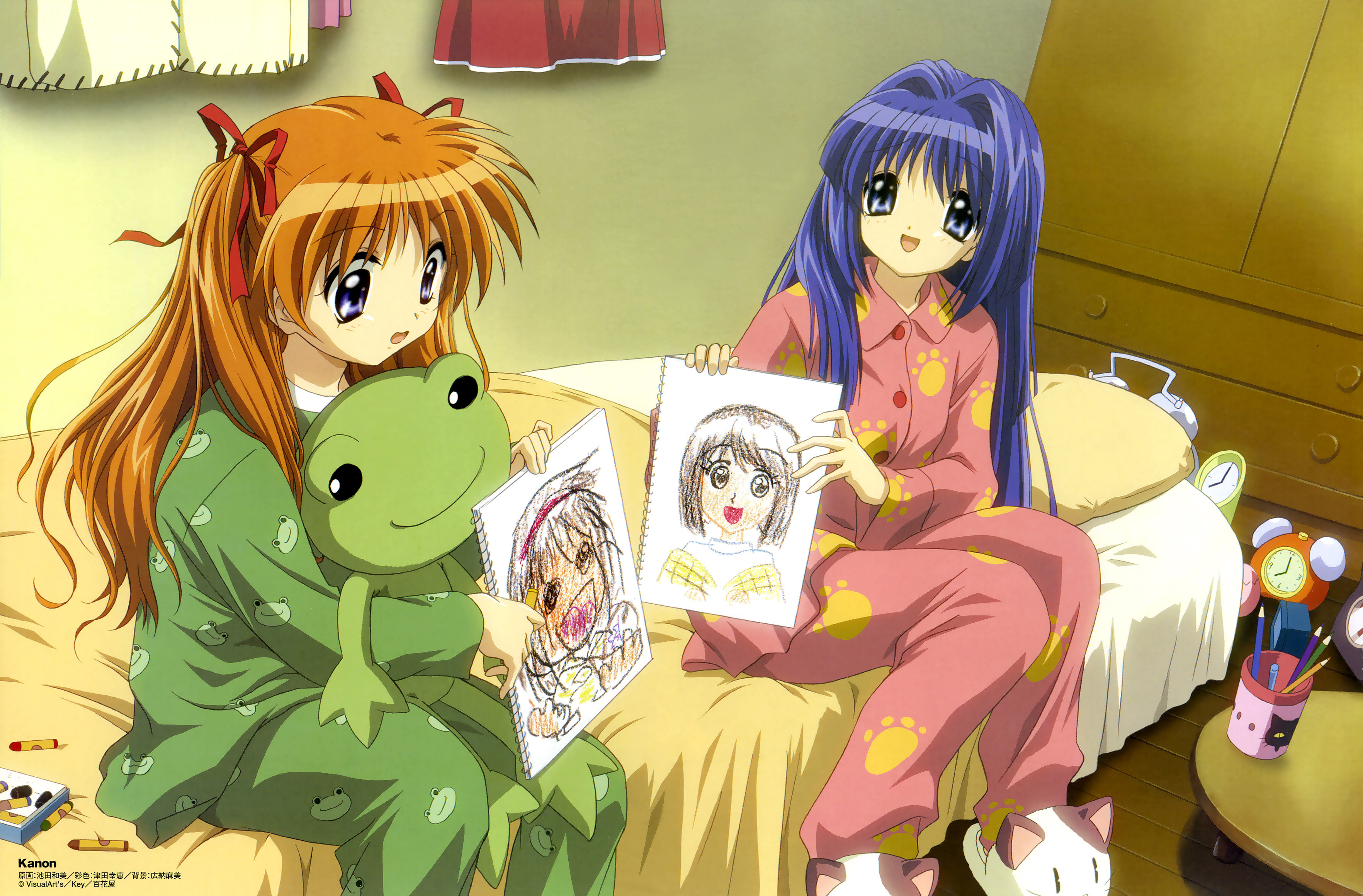 minase nayuki, misaka shiori, sawatari makoto, tsukimiya ayu, kanon, absurdres, highres, 2girls, bed, blonde hair, blue eyes, blue hair, clock, hair ribbon, multiple girls, pajamas, purple eyes, ribbon, slippers, stuffed animal, stuffed toy